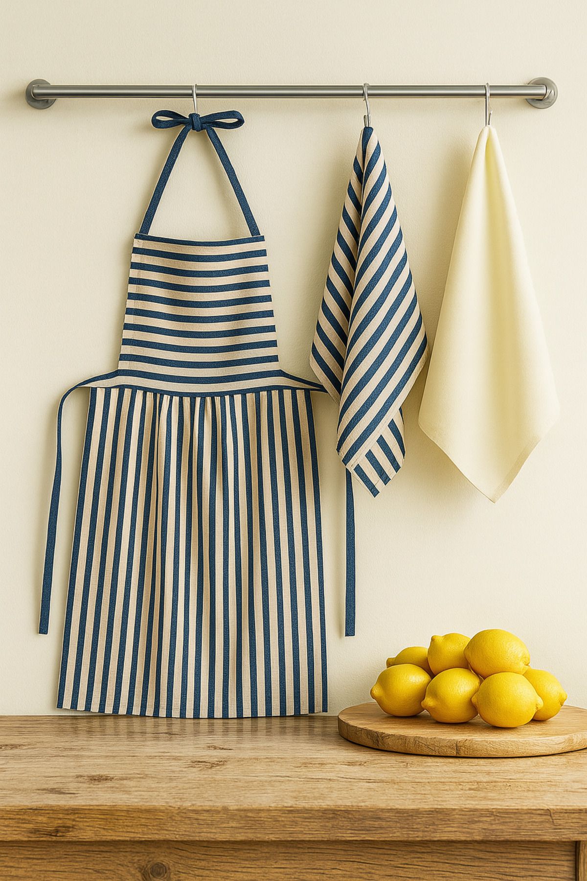 3’lü Çizgili Keten Mutfak Önlüğü ve Kurulama Bezi Seti - Lacivert