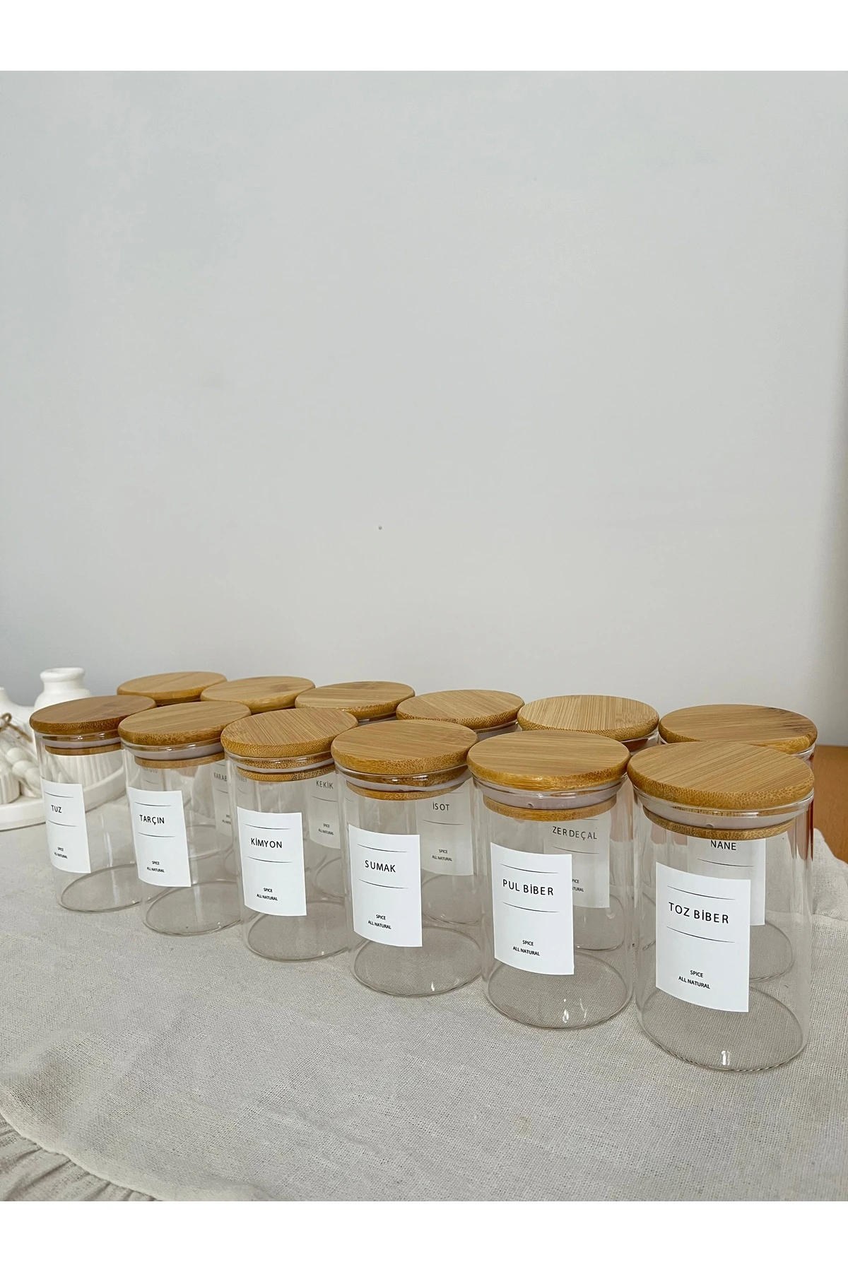 Bambu Kapaklı Baharatlık Seti - 250 ml Bambu Kapaklı Cam Baharatlık