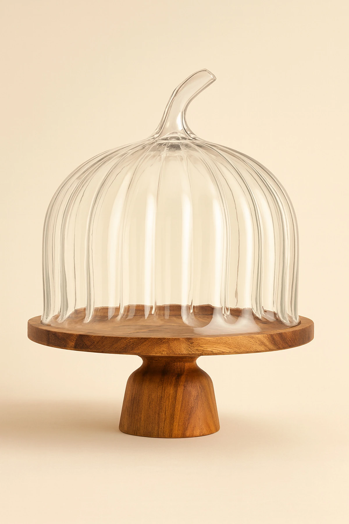Akasya Tabanlı Cam Fanuslu Ahşap Ayaklı Kek ve Servis Tabağı - Kahverengi