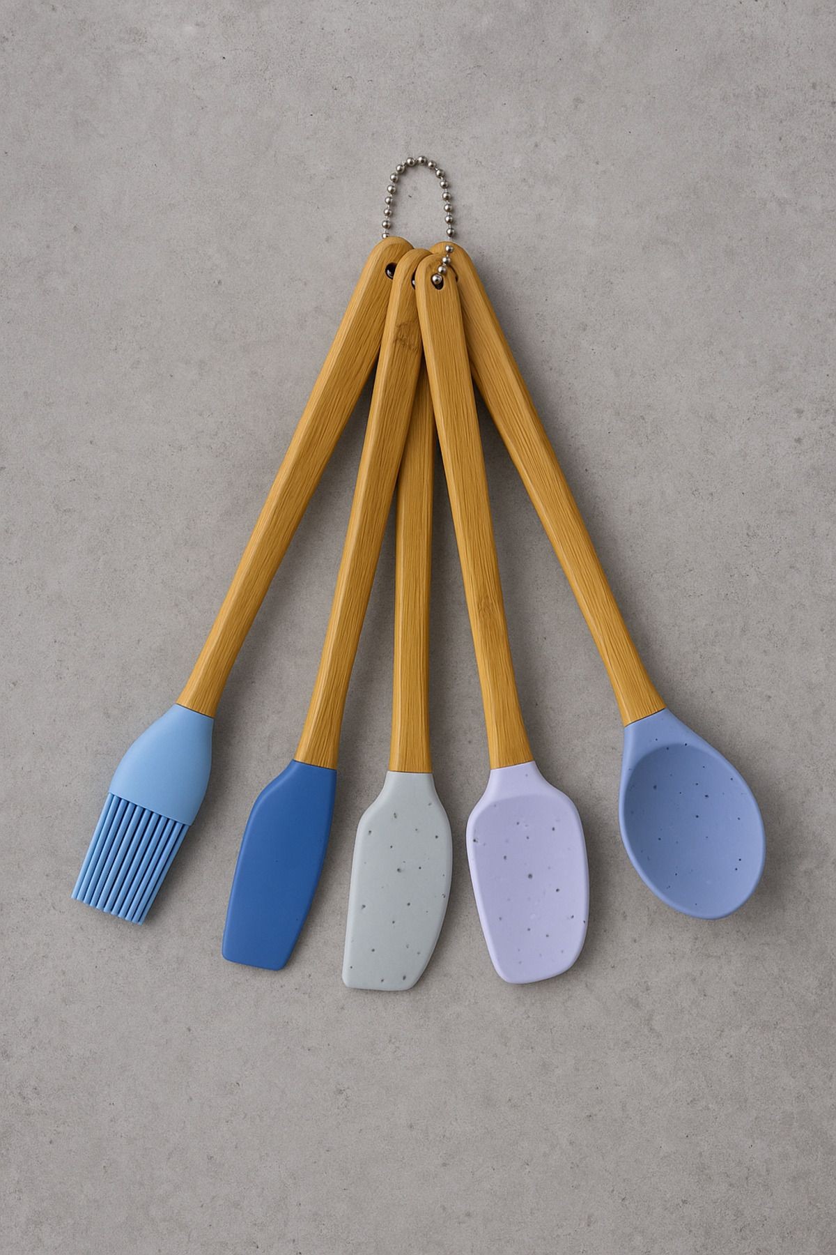5'li Mini Silikon Uçlu Bambu Saplı Mutfak Spatula Seti – Karıştırıcı Fırça Hamur Kaşık Seti