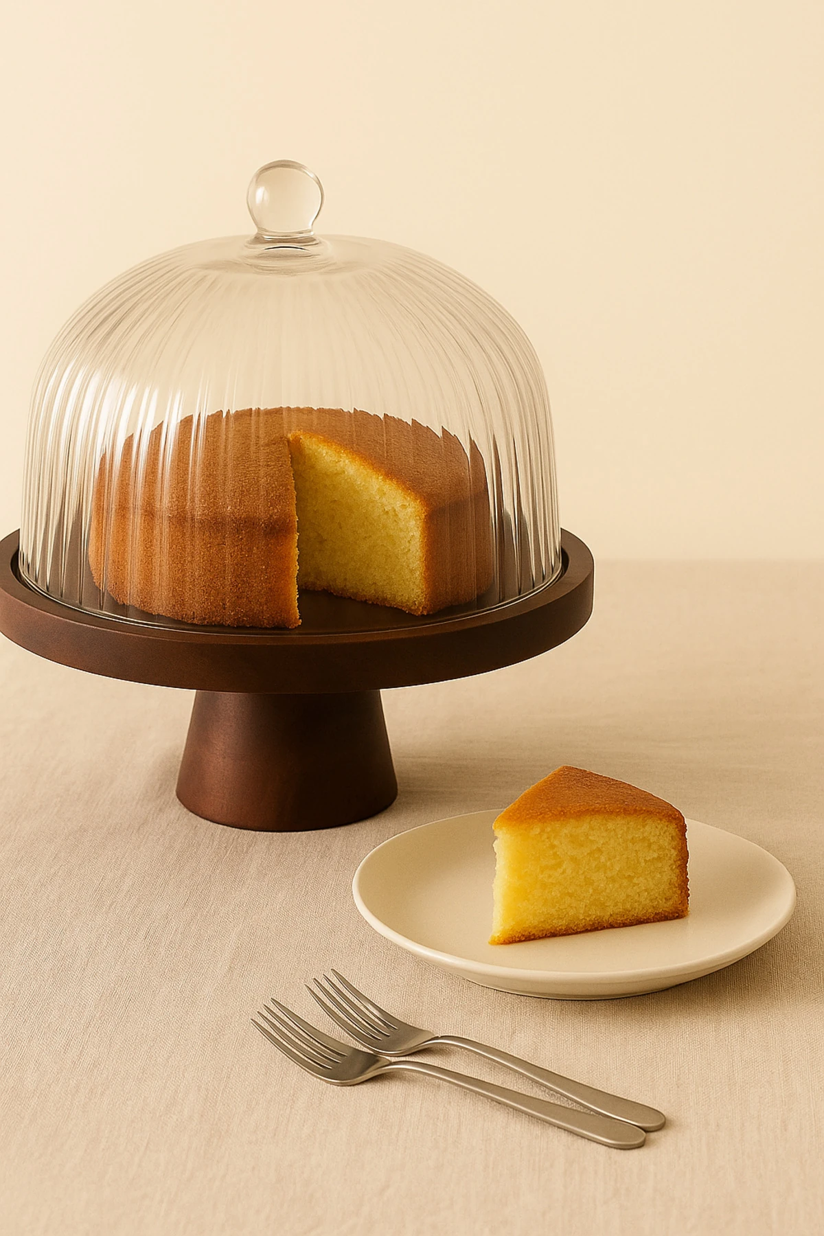 Akasya Tabanlı Ayaklı Cam Kek Fanusu – Kapaklı Sunumluk (Varyantlı)