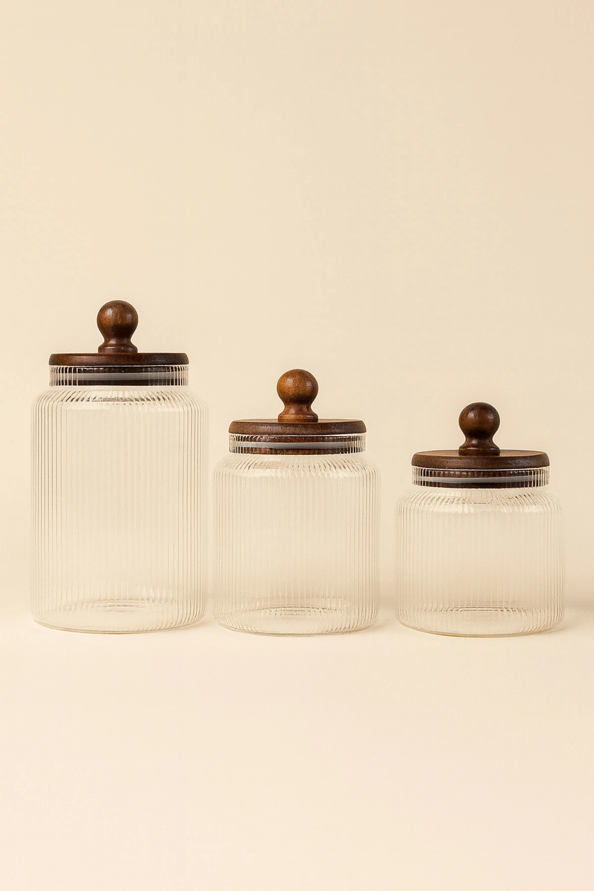 3'lü Akasya Kapaklı Çizgili Cam Kavanoz Seti | 1700-1200-900 ml | Mutfak Saklama Kavanozu