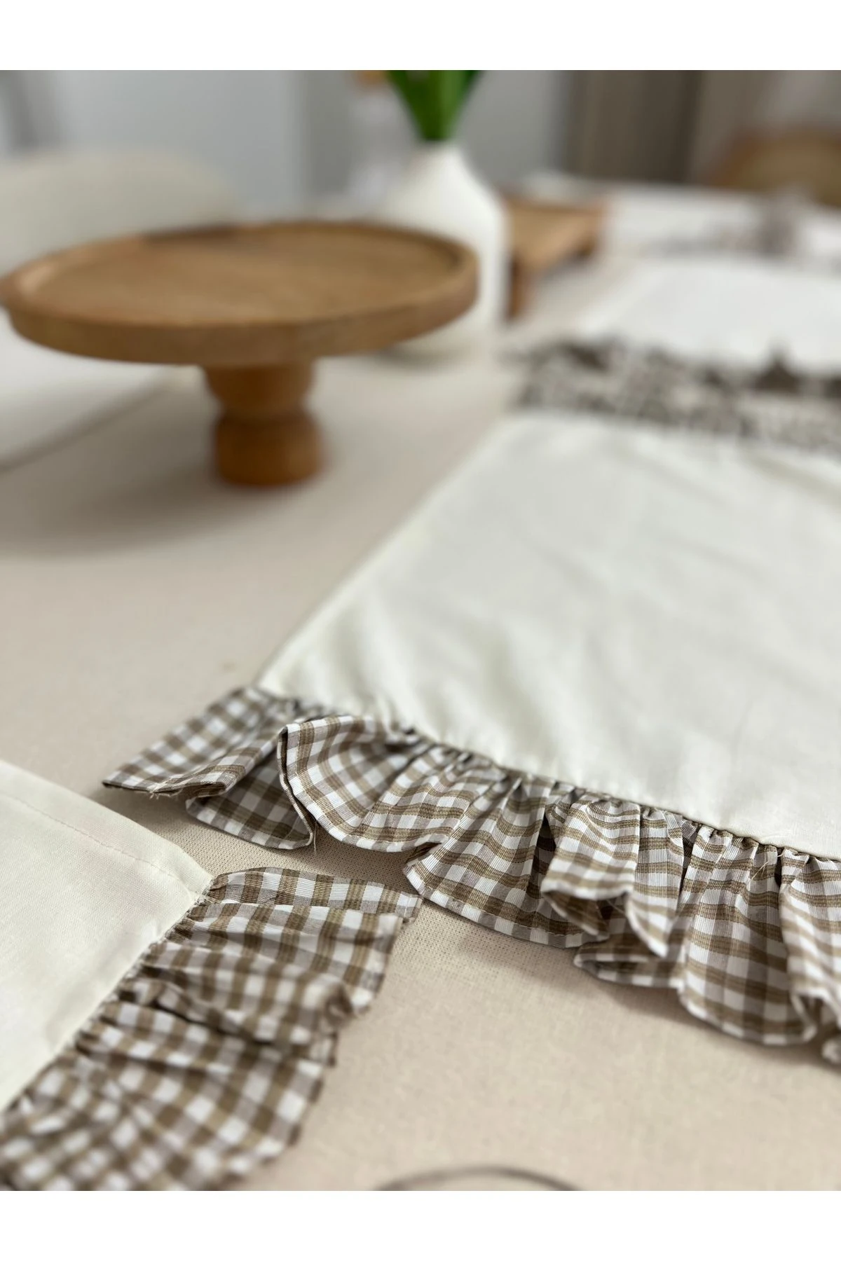 6'lı Fırfırlı Pamuk Keten Amerikan Servis - Keten Supla - 2 Kenar Fırfırlı