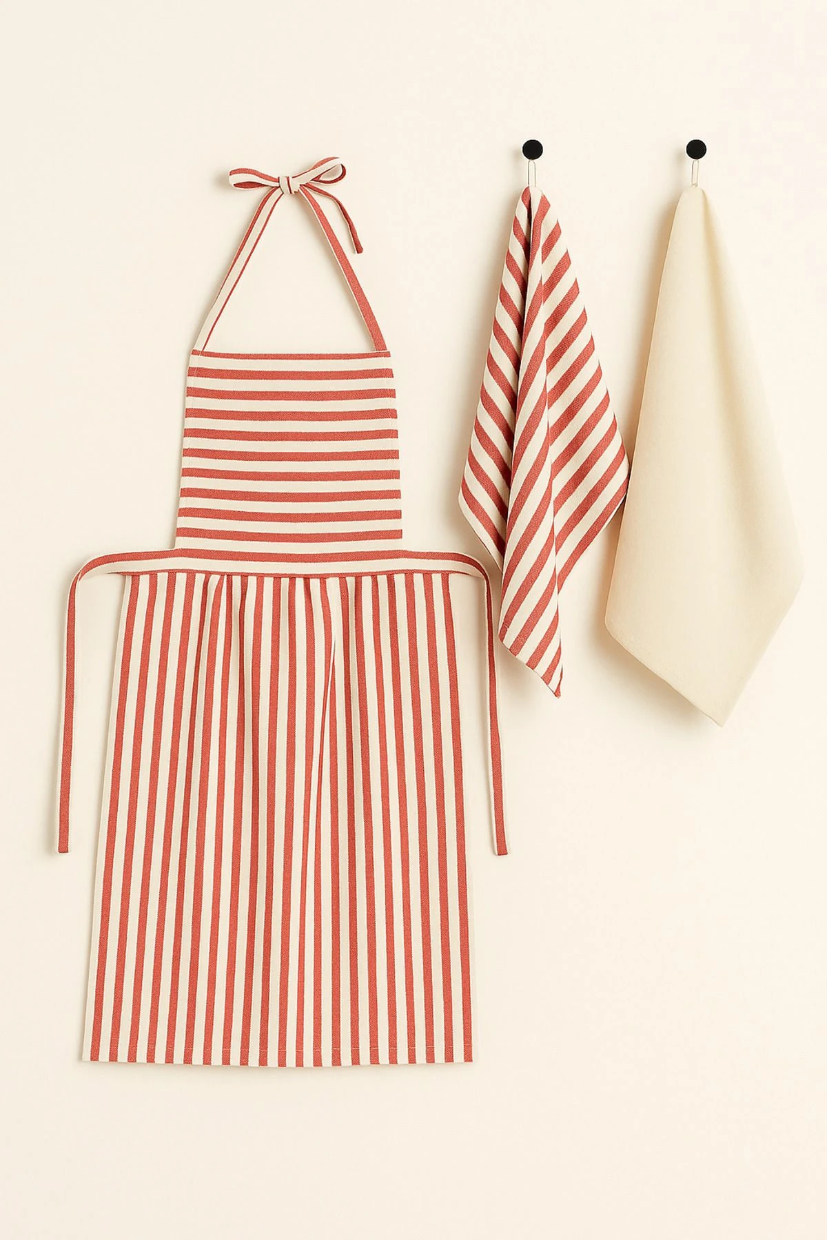 3’lü Çizgili Keten Mutfak Önlüğü ve Kurulama Bezi Seti - kırmızı