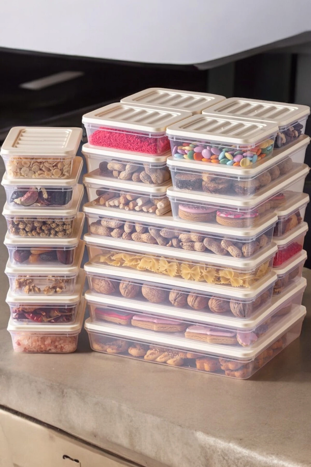 24'lü Set Mikrodalga ve Difrize Uygun Buzdolabı Saklama - Buzdolabı Düzenleyici Krem