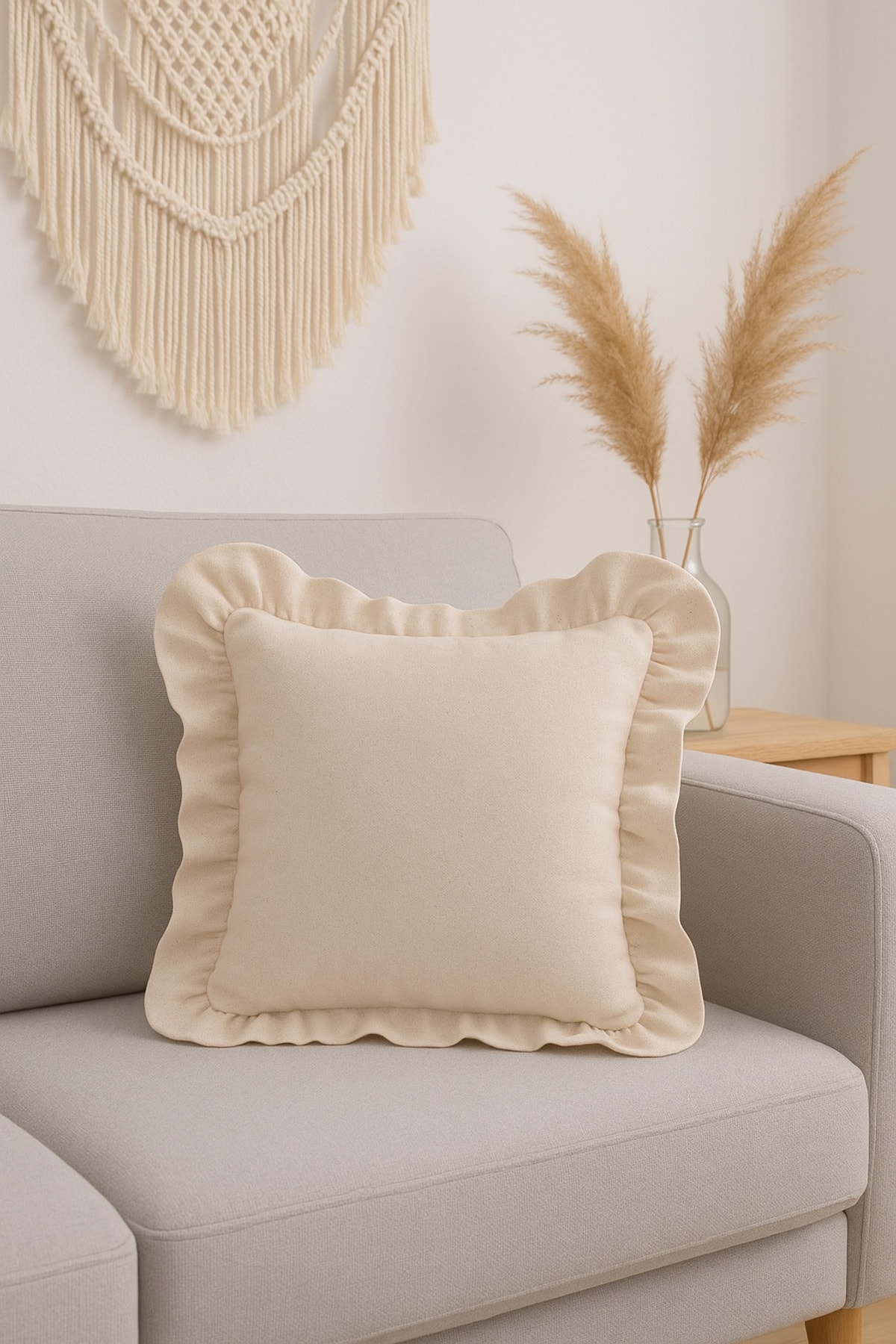 Fırfırlı Ham Keten Vintage Kırlent Kılıfı 43x43 cm - Keten Kırlent