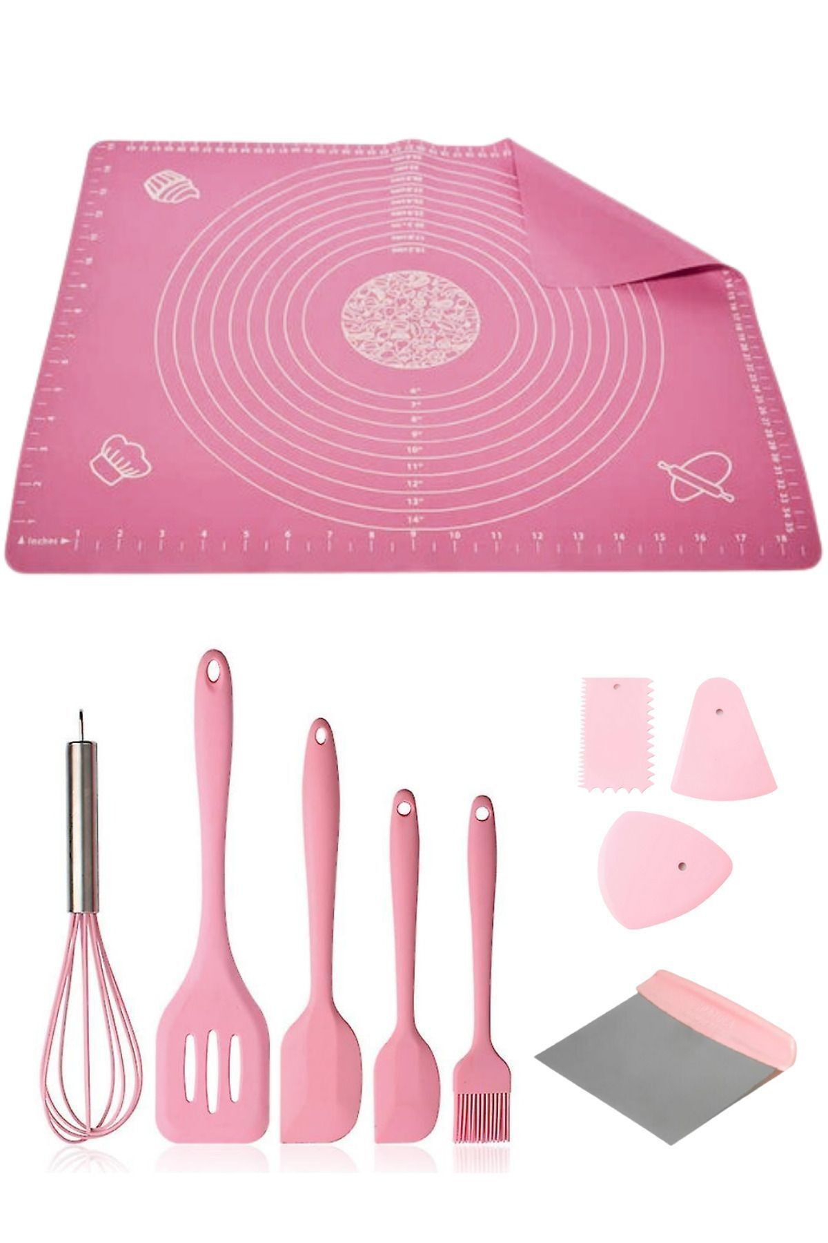 Silikon Hamur Açma Matı ve 9 Parça Pişirme Gereçleri Seti – Spatula, Fırça, Çırpıcı, Krema Torbası
