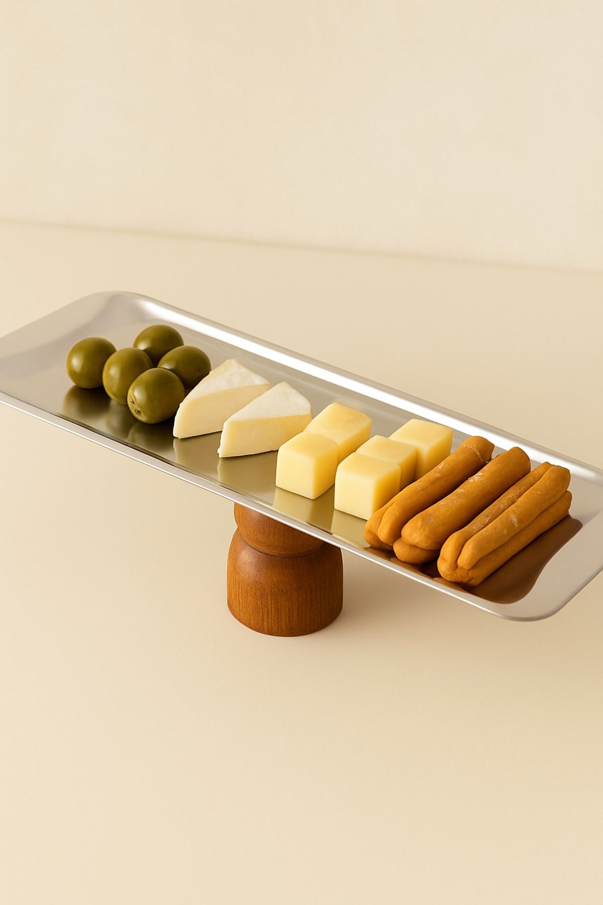 Ahşap Tabanlı Dikdörtgen Baton Metal Dekoratif Tatlı Pasta Kek Sunum/Servis Stand Tabak