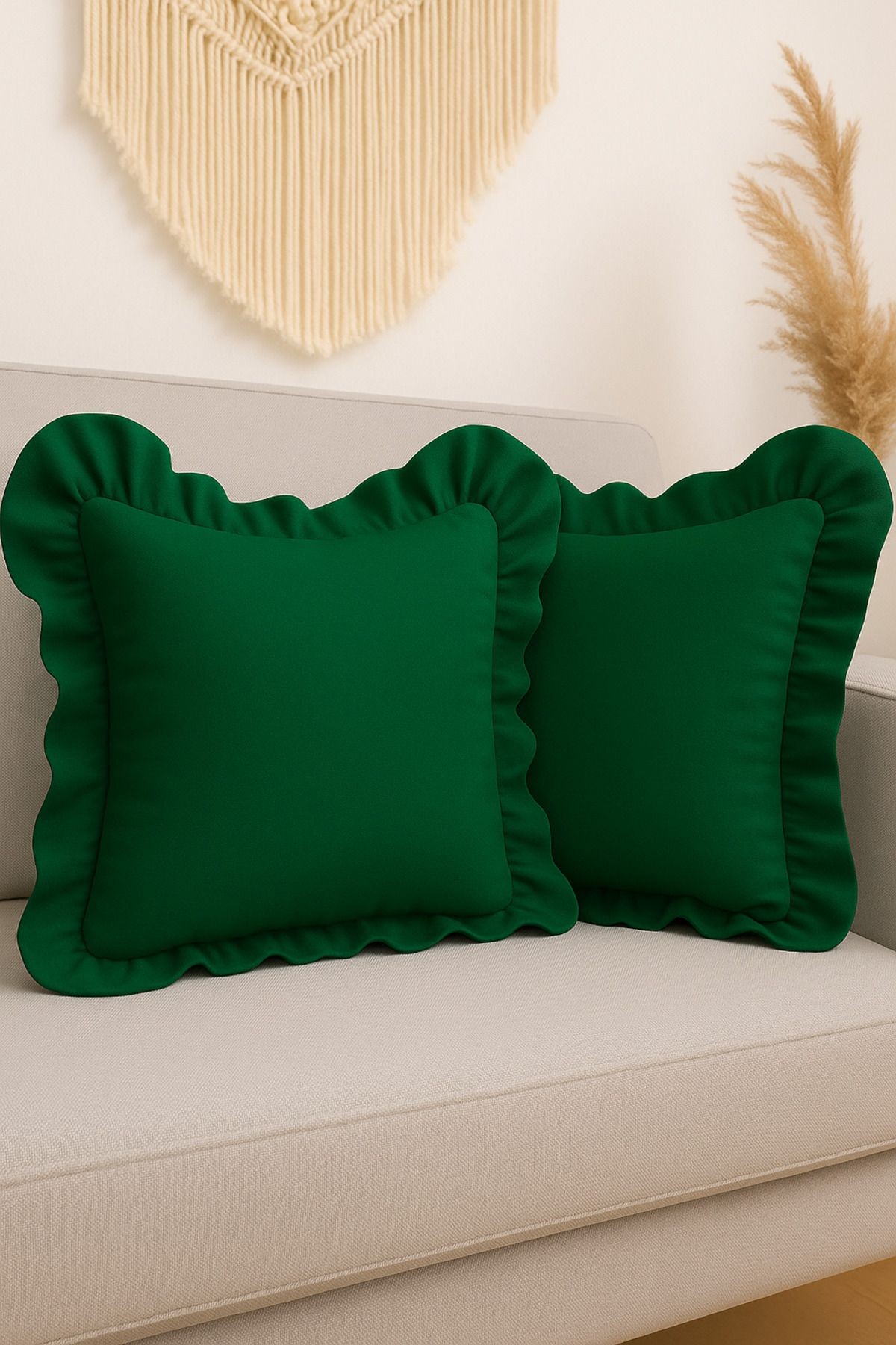 Ham Keten Fırfırlı Vintage Kırlent Kılıfı 43x43 cm - yeşil