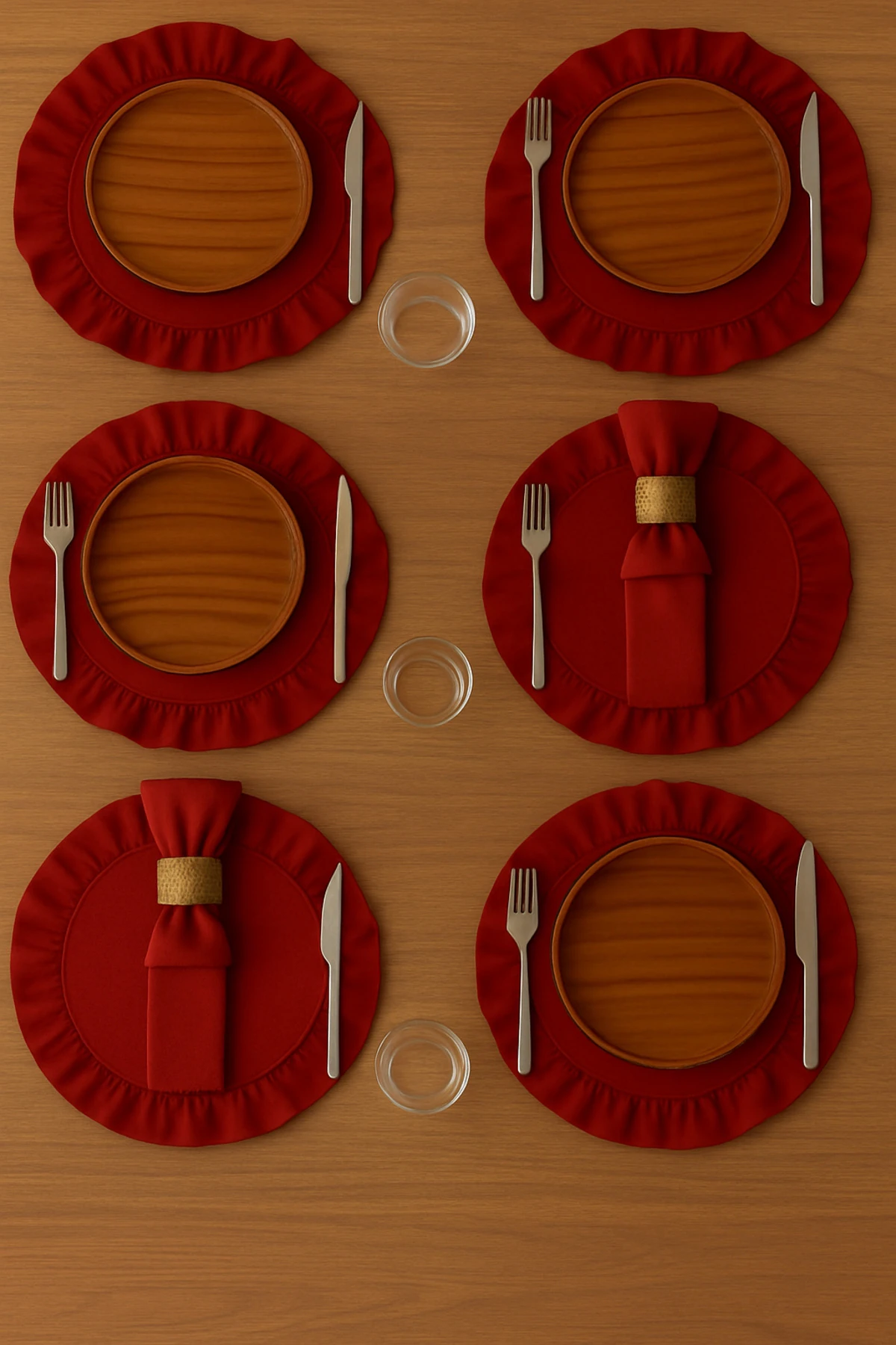 6'lı Kırmızı Fırfırlı Pamuk Keten Supla Seti | Amerikan Servis Takımı - kırmızı