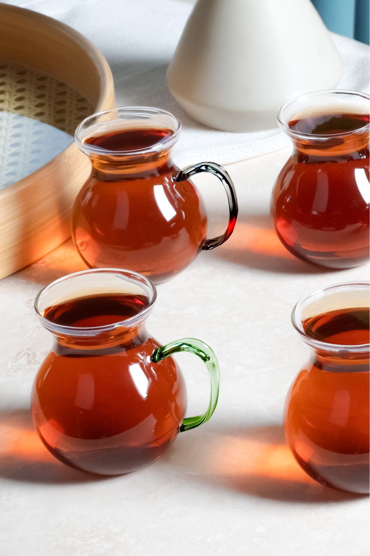 6'lı Keyfi Ala Çizgili Borosilikat Cam Kulplu Çay Bardağı 220ml Bardak -  6 Farklı Kulp Rengi