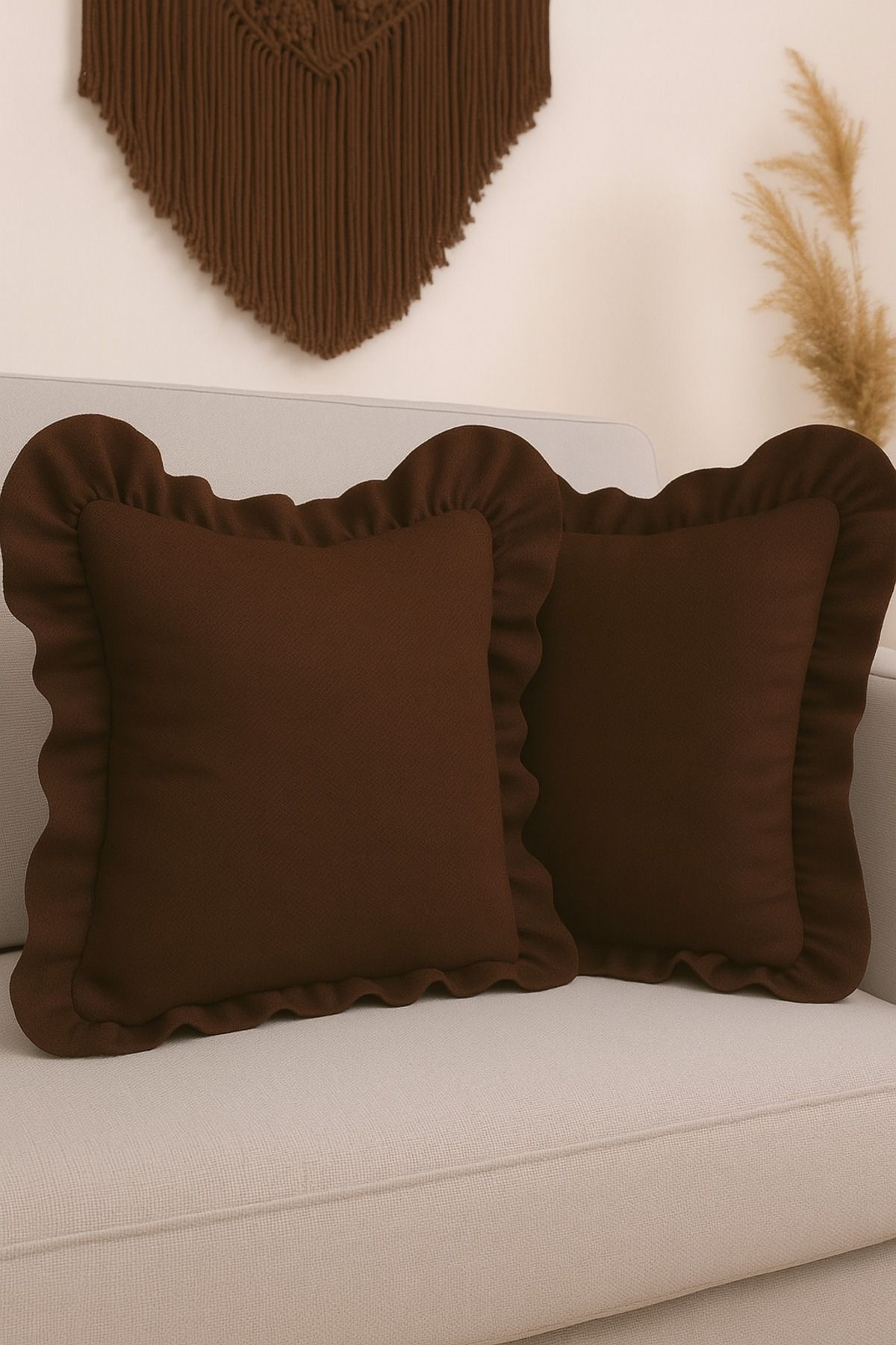 Ham Keten Fırfırlı Vintage Kırlent Kılıfı 43x43 cm - Kahverengi