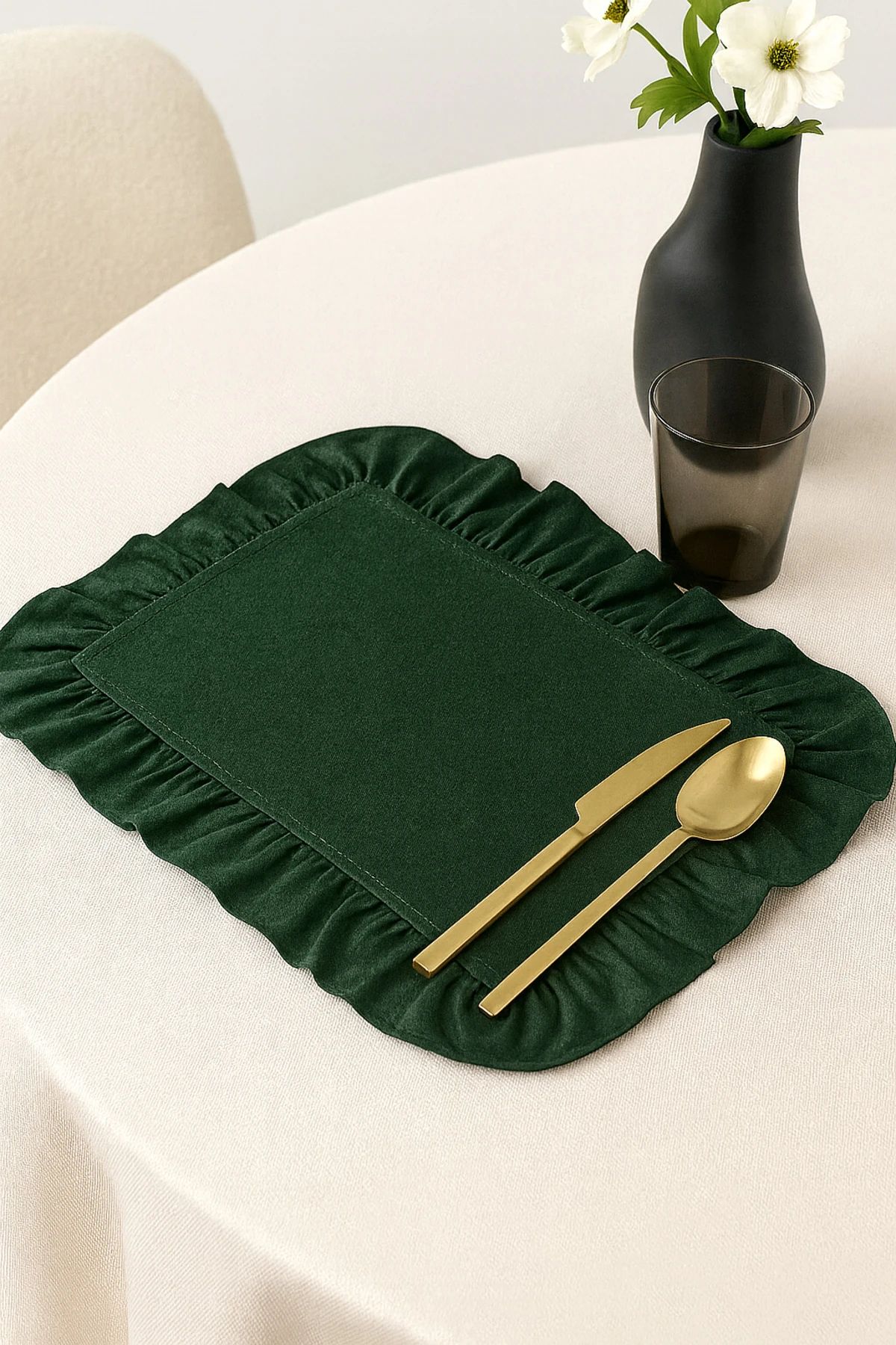 6'lı  Fırfırlı Pamuk Keten Amerikan Servis - Keten Supla - 4 Kenar Fırfırlı - Yeşil