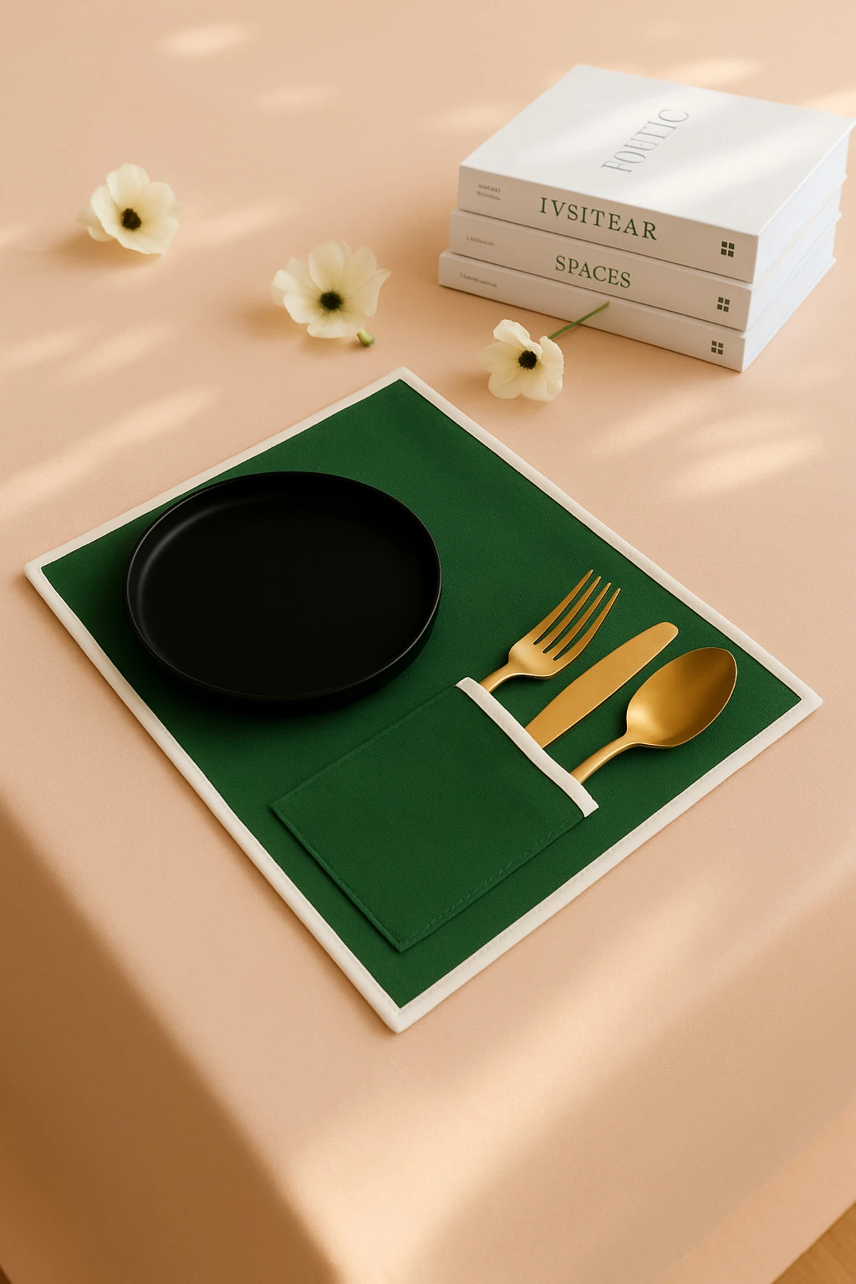 6'lı Biyeli Amerikan Servis Seti | Cep Detaylı Şık Sofra Altlığı - Yeşil