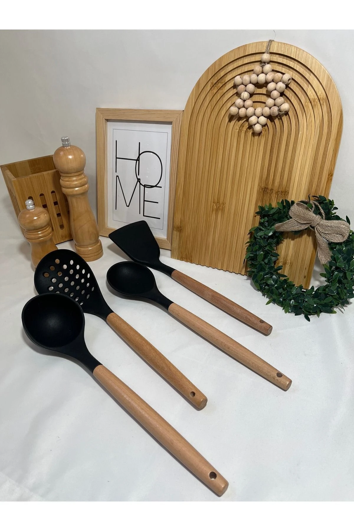 4 Parça  Bambu Saplı Silikon Mutfak Servis Seti, Servis Takımı, Pişirme Gereçleri - Siyah