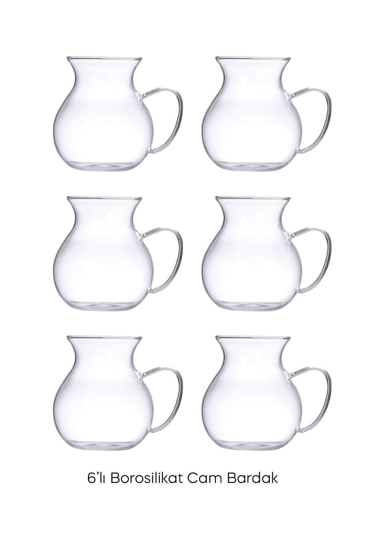 6’lı Borosilikat Cam Kulplu Çay Bardağı – Isıya Dayanıklı Modern Set