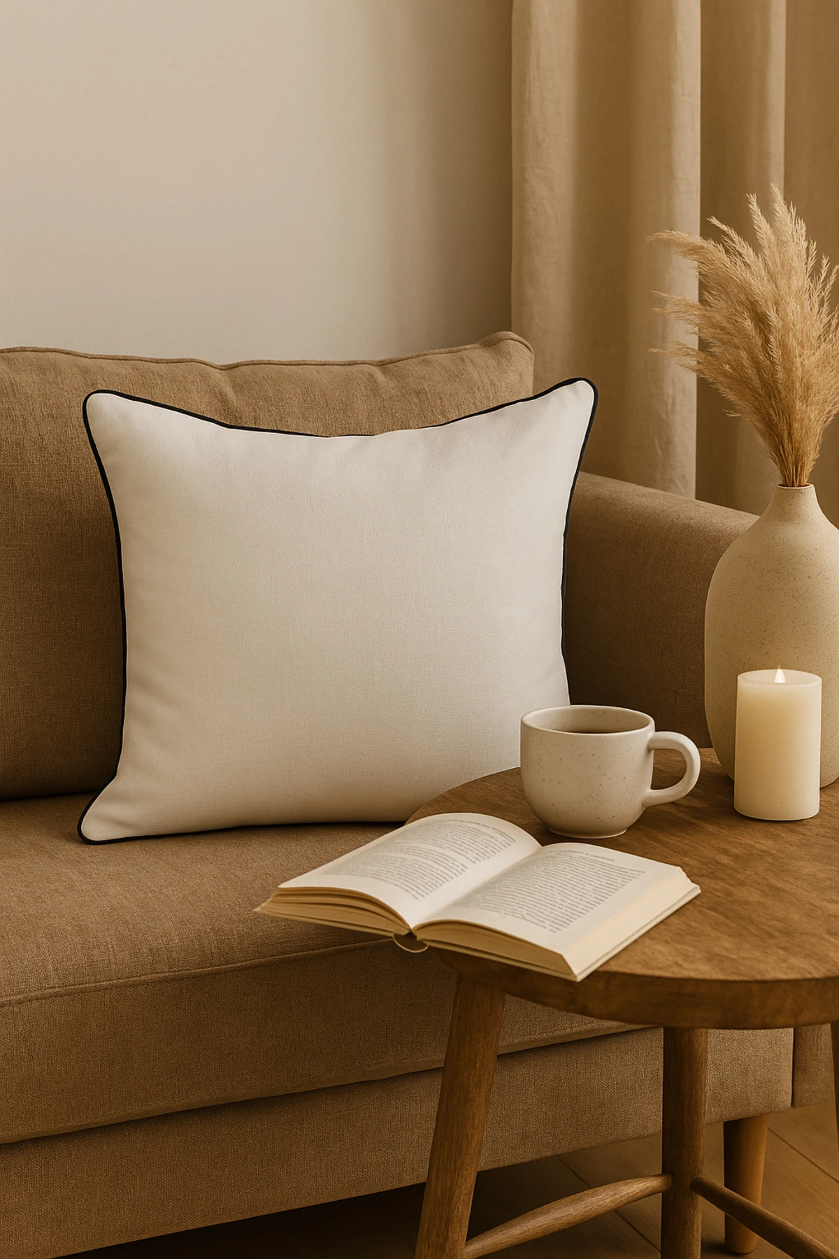 Biyeli Keten Kırlent Kılıfı 43x43 cm – Siyah Biyeli Beyaz