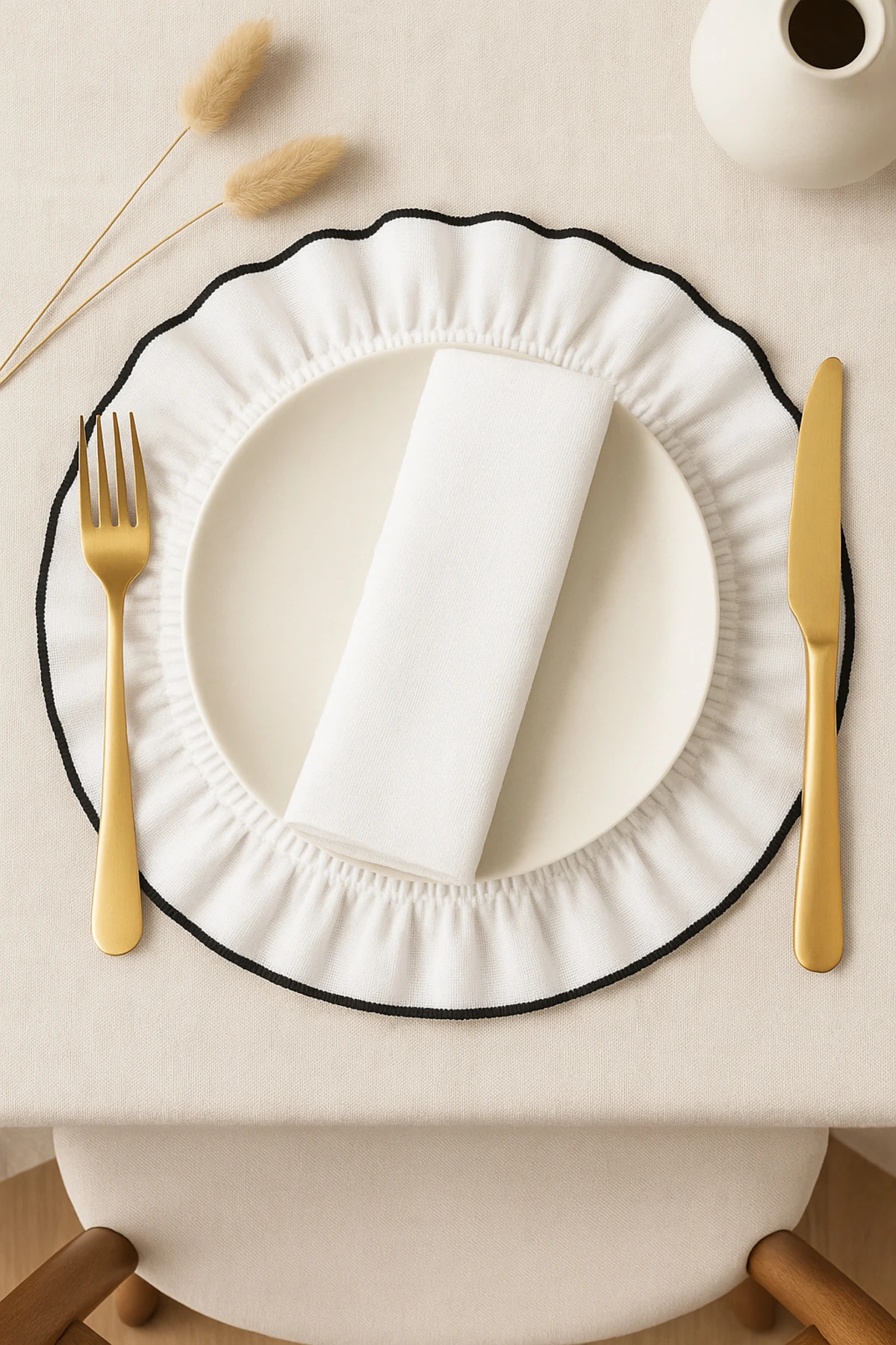 6'lı Yuvarlak Keten Amerikan Servis Seti – Beyaz, Siyah Biyeli Fırfır Kenar Tasarım - Beyaz