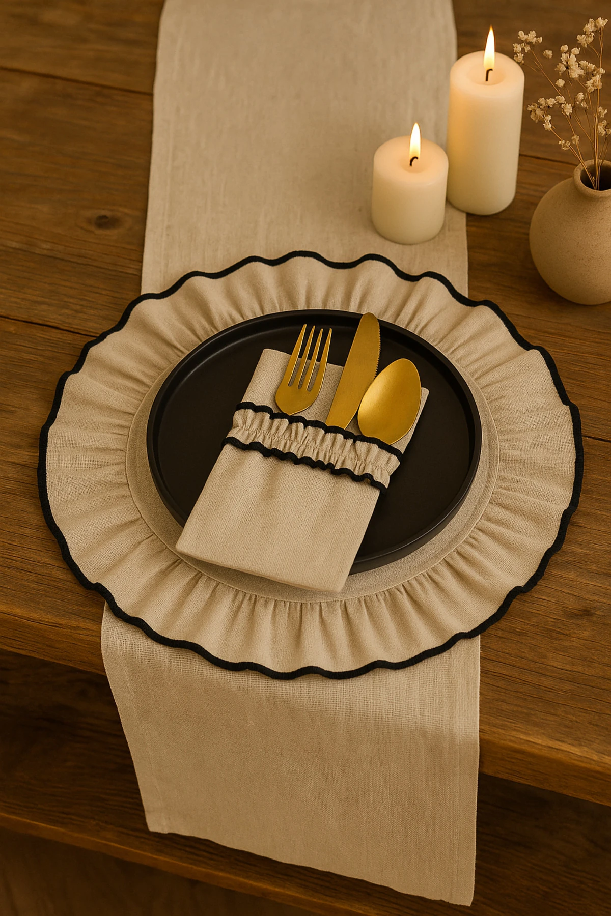 12 Parça Fırfırlı Keten Amerikan Servis ve Kaşıklık Seti – Biyeli Sofra Takımı