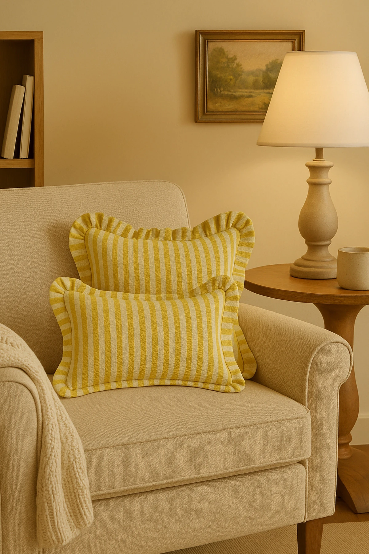 2’li Çizgili Fırfırlı Keten Kırlent Kılıfı Seti – 43x43 ve 50x30 cm