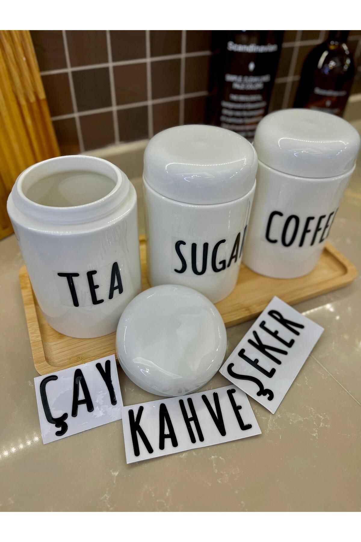 Vakum Kapaklı 3'lü Porselen Kavanoz Seti – Çay Kahve Şeker Kavanozu - Kahve Kavanozu