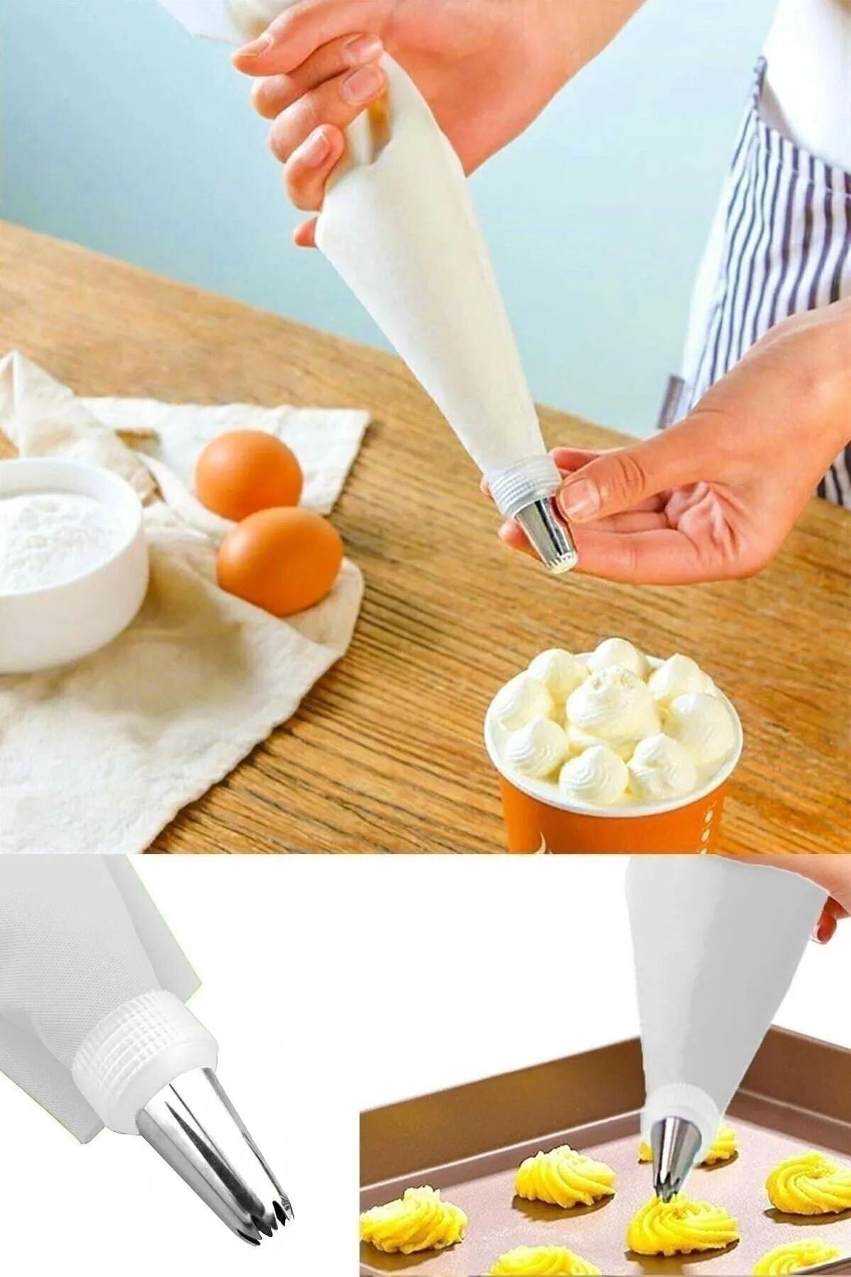 7 Parça Ayarlanabilir Çelik Kek Kalıbı Seti – Yuvarlak ve Kare Kek Kalıbı, Kesme Teli ve Krema Torbası