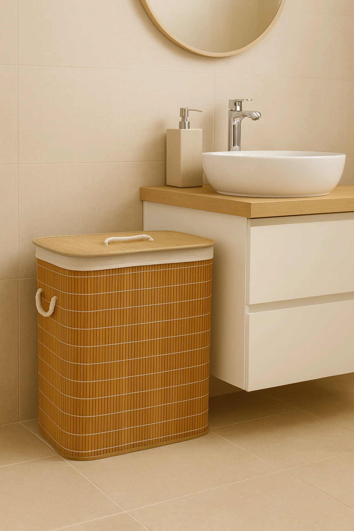 Bambu Katlanabilir 2 Bölmeli Çamaşır Sepeti | 40x30x60 cm