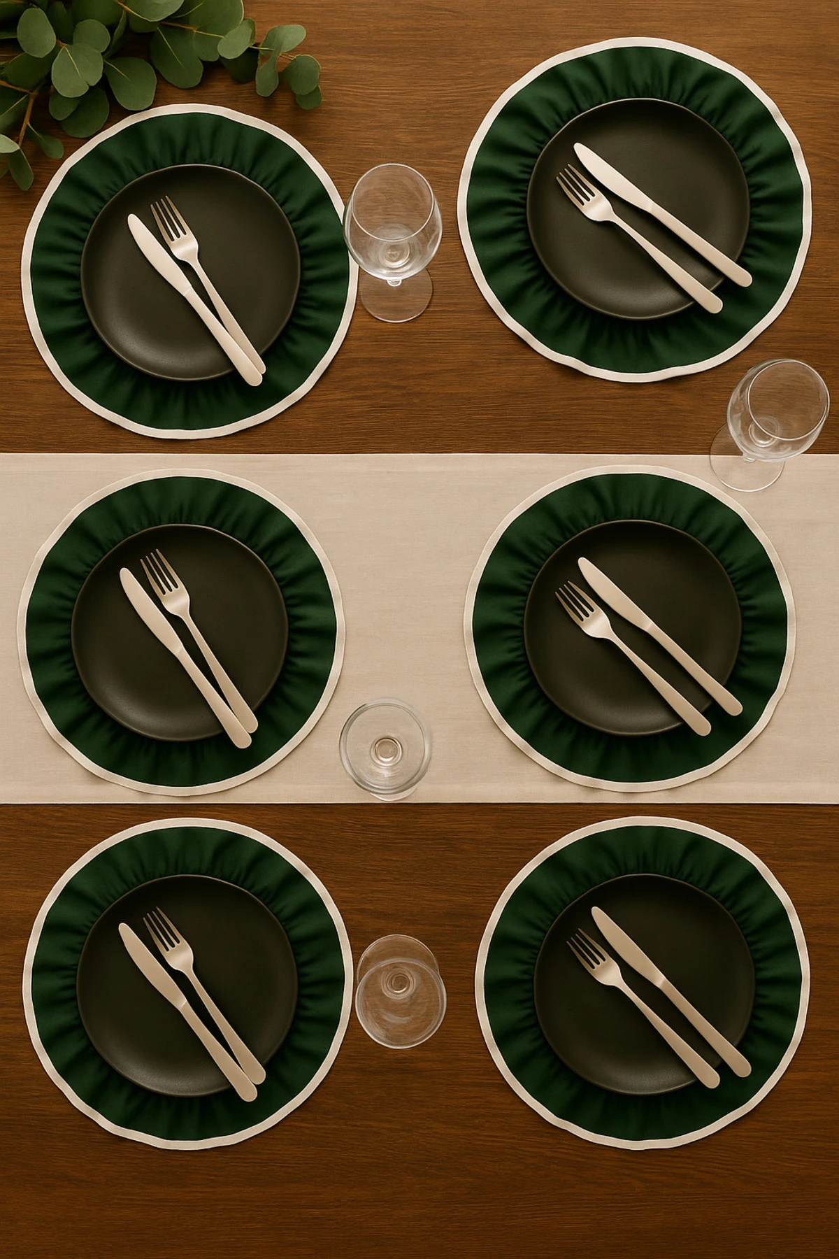 6'lı Yuvarlak Keten Amerikan Servis Seti – Beyaz, Siyah Biyeli Fırfır Kenar Tasarım - Yeşil