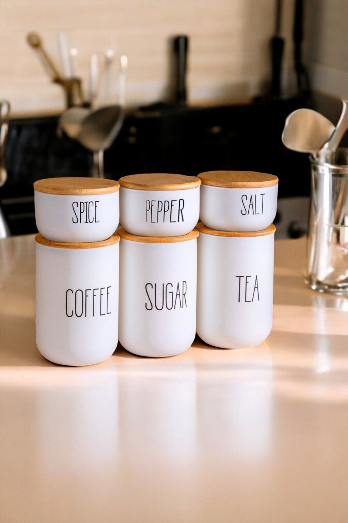 Bambu Kapaklı Cam Kavanoz Seti – Çay Kahve Şeker ve Baharat Saklama Kabı