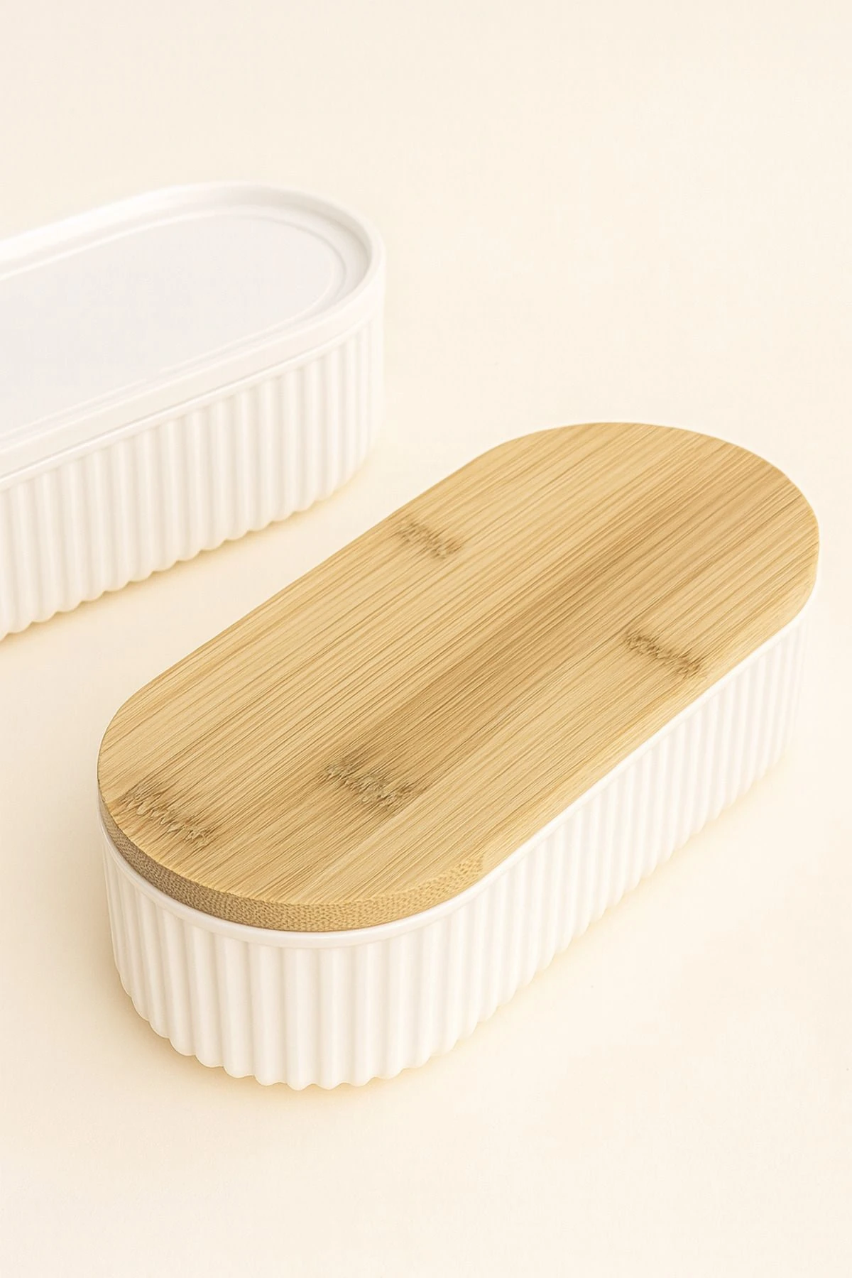 İkili Bambu Kapaklı Saklama Kabı – Taşınabilir Yemek Kabı Seti - krem