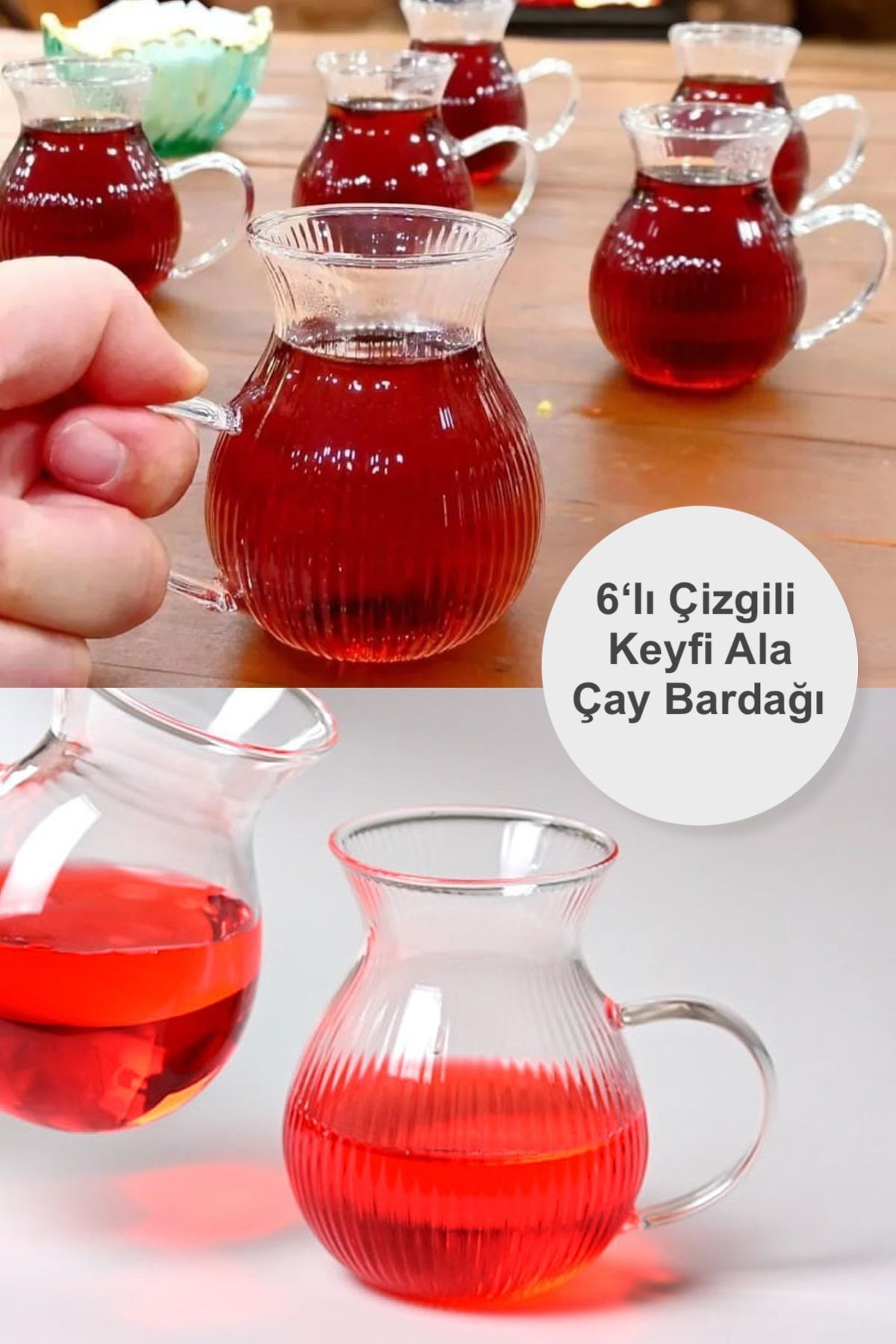 6'lı Keyfi Ala Çizgili Borosilikat Cam Kulplu Çay Bardağı 220ml Bardak