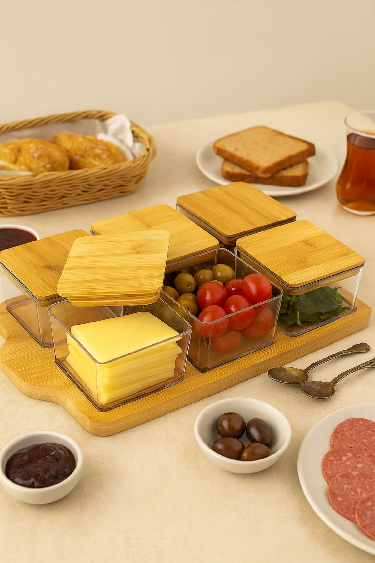 6’lı Akrilik Kahvaltılık Seti – Bambu Kapaklı ve Bambu Sunum Tabanlı Bölmeli Saklama Seti