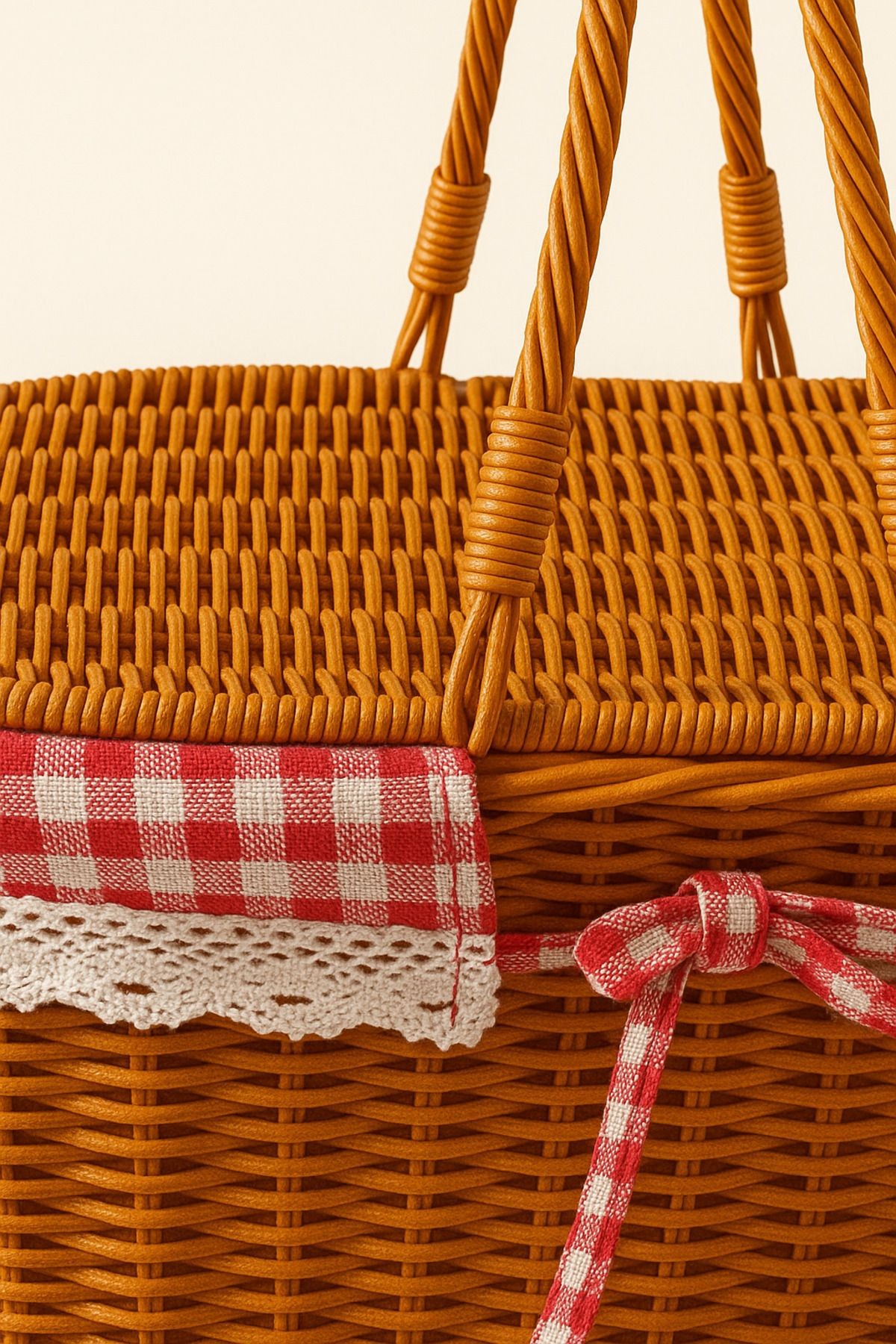 Kapaklı Rattan Piknik Sepeti Kulplu Vintage Dantelli Sepet 40x25x18 cm