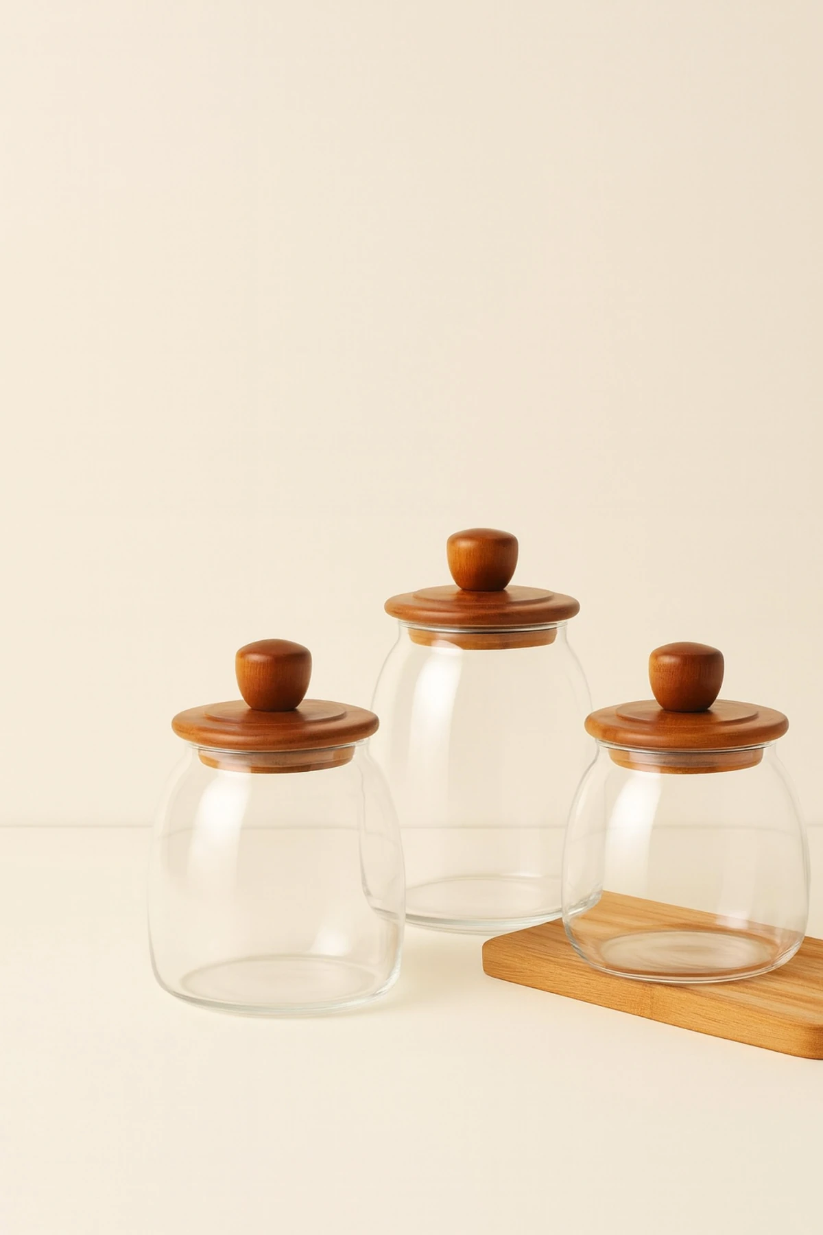 3'lü Akasya Kapaklı Cam Kavanoz Seti | Şık ve Doğal Mutfak Düzenleyici