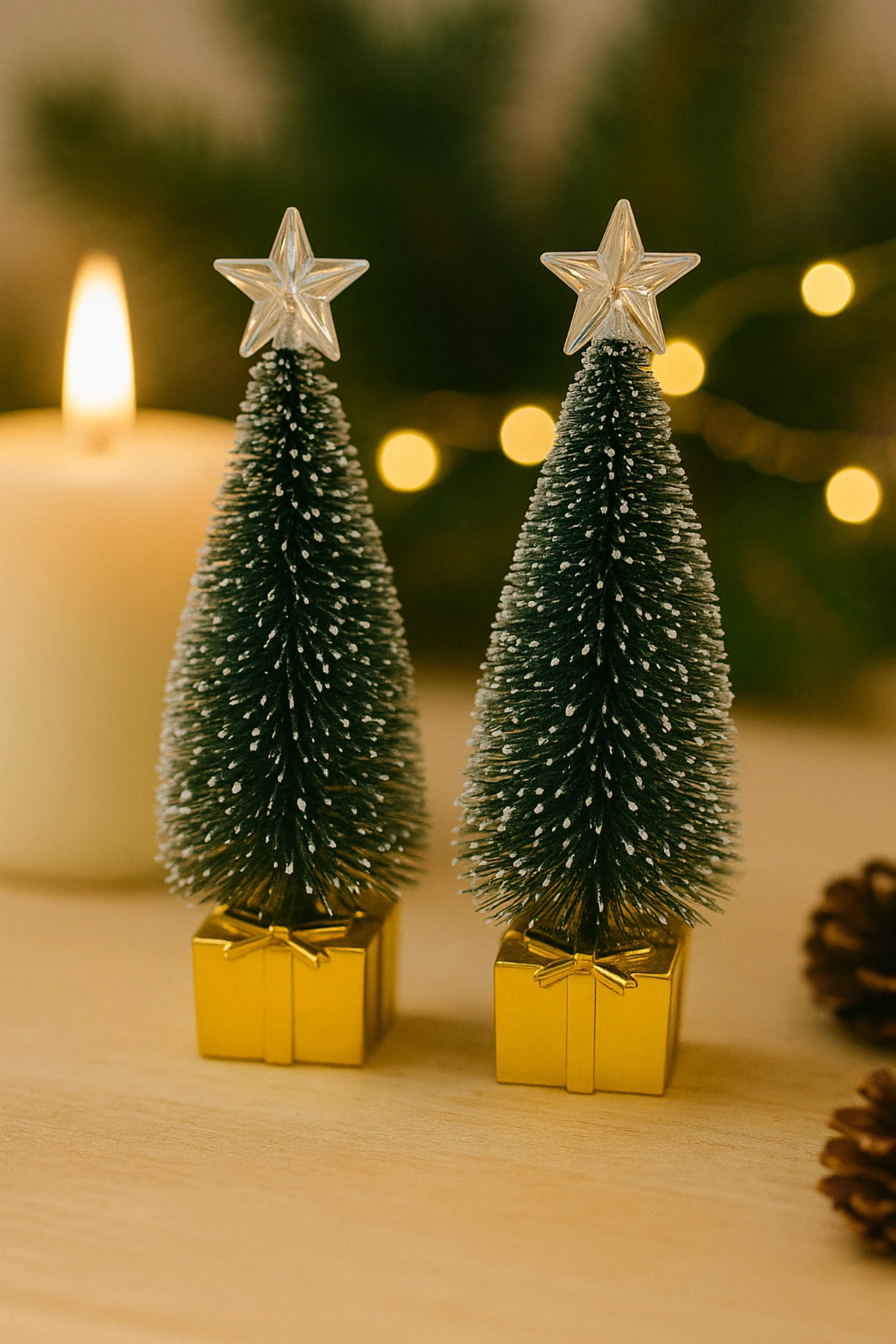 2’li Işıklı Mini Çam Ağacı Dekor – Yılbaşı Masa Süsü ve Hediyelik - altın