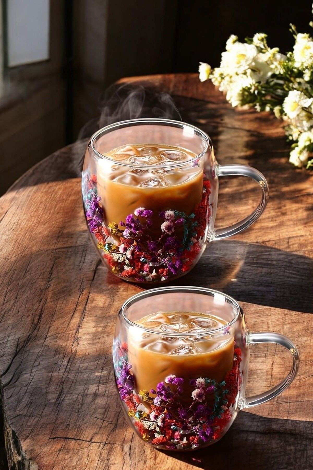2’li Çift Cidarlı Cam Kupa – Çiçekli Kulplu Kahve ve Çay Bardağı Seti (250 ml)