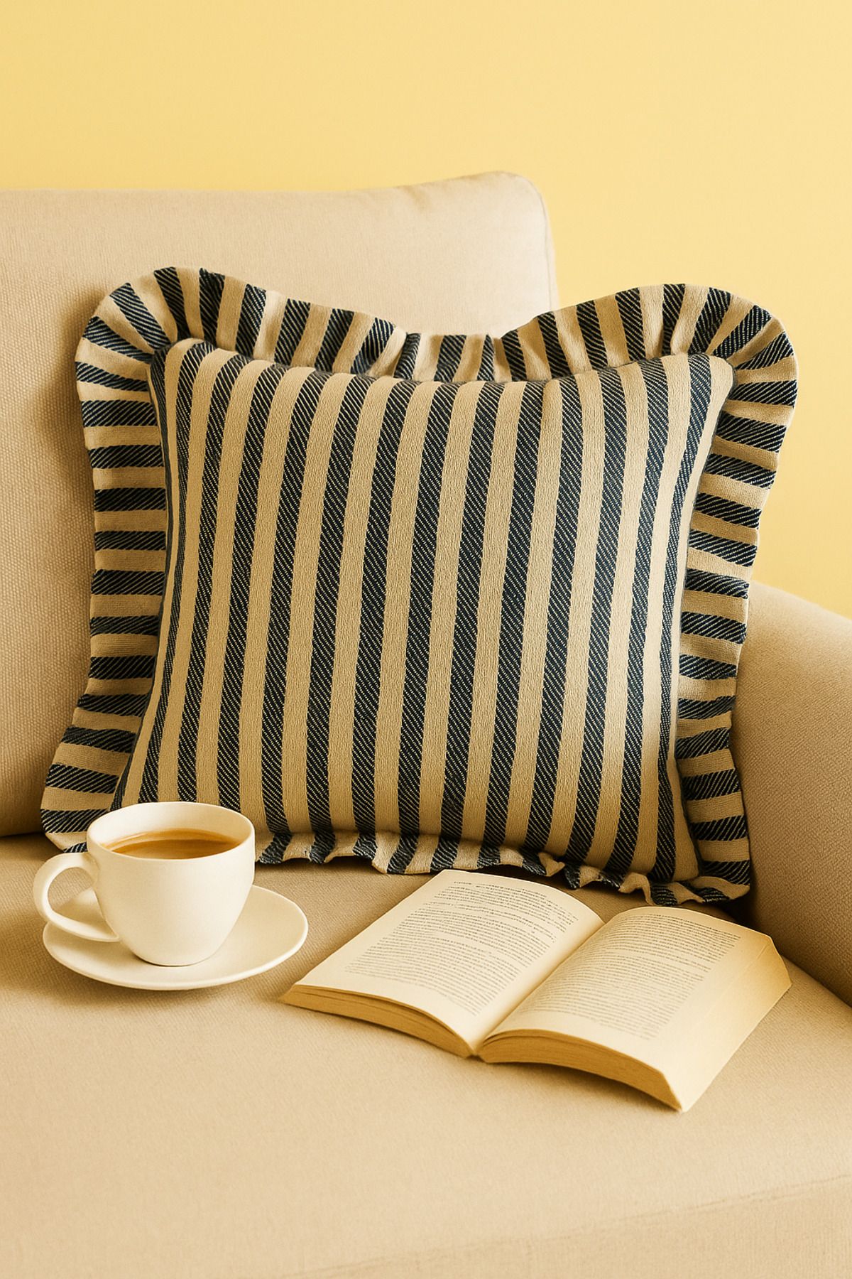 2’li Çizgili Fırfırlı Keten Kırlent Kılıfı Seti – 43x43 ve 50x30 cm - Lacivert