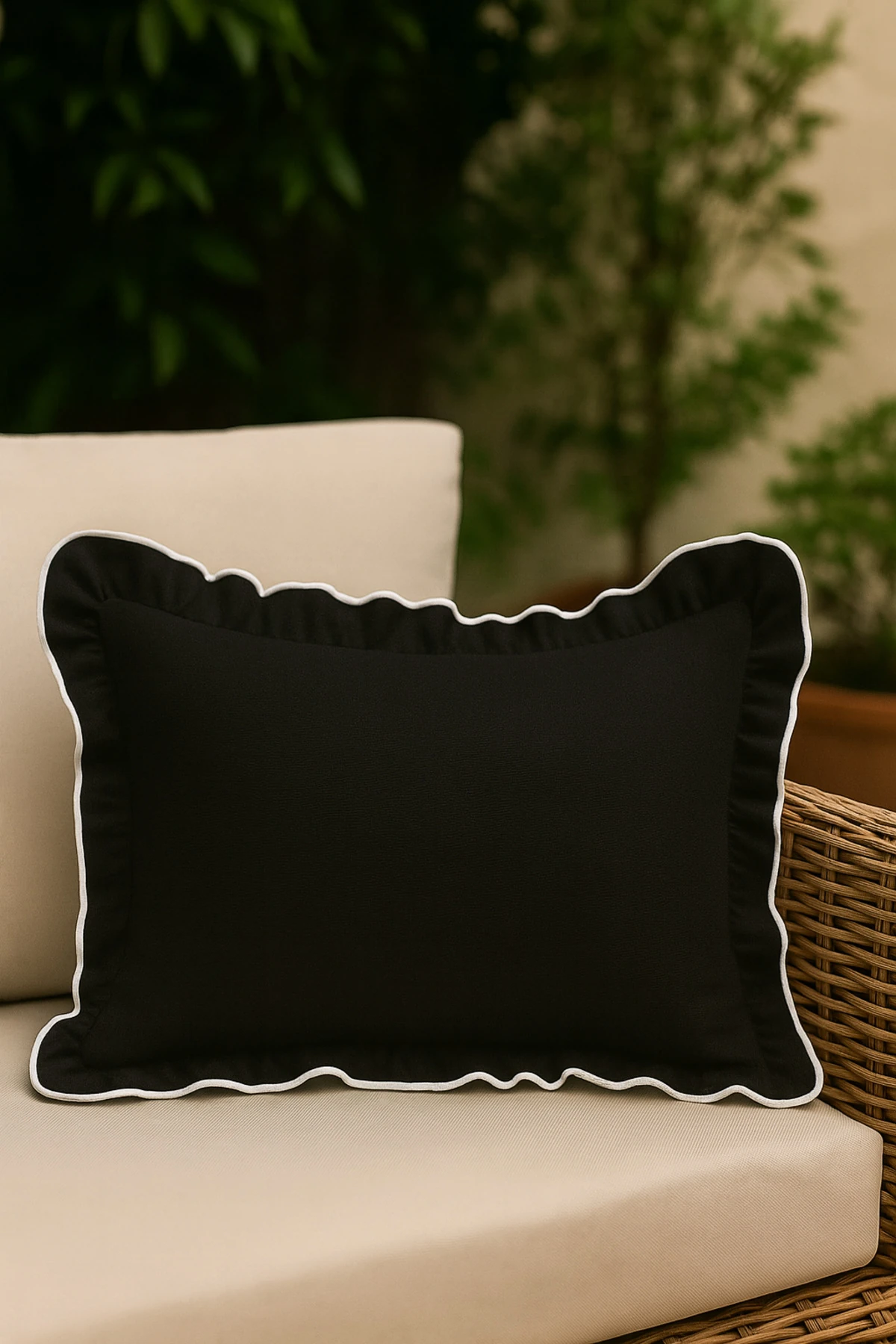 Biyeli Fırfırlı Kırlent Kılıfı - Dekoratif Yastık Kılıfı - Siyah