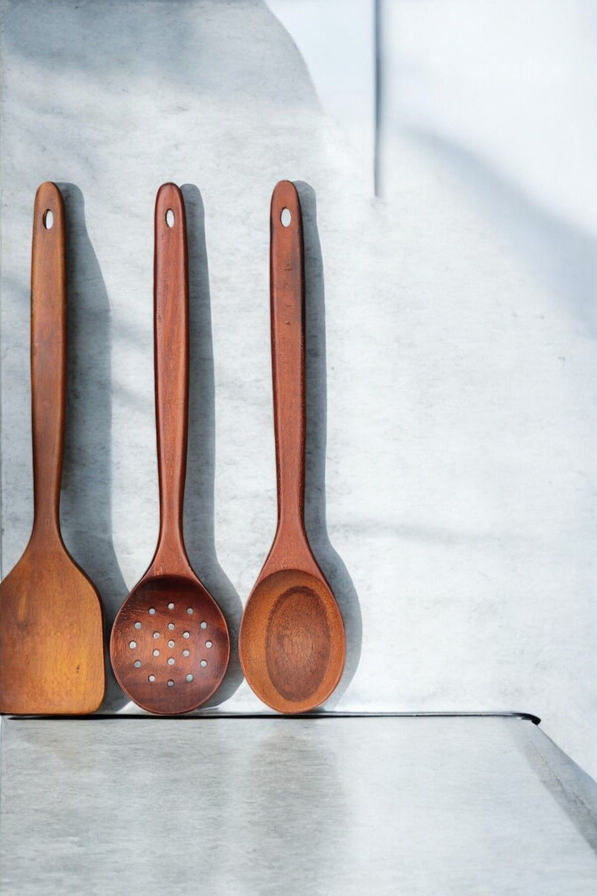 6'lı Akasya Spatula, Kaşık, Kevgir ve Çelik Rende Seti