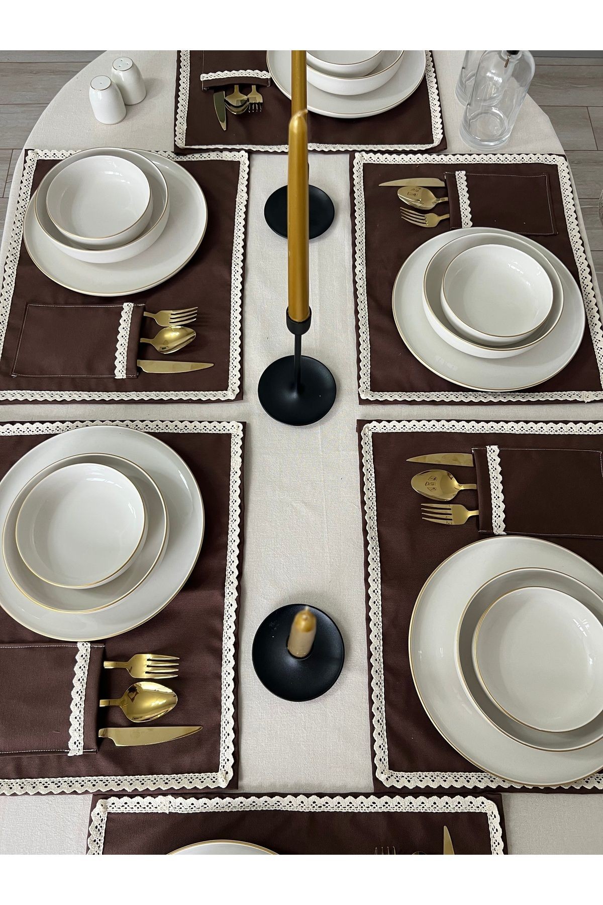 6'lı Dantel Detaylı Duck Keten Amerikan Servis Ve Supla - Keten Amerikan Servis / Supla