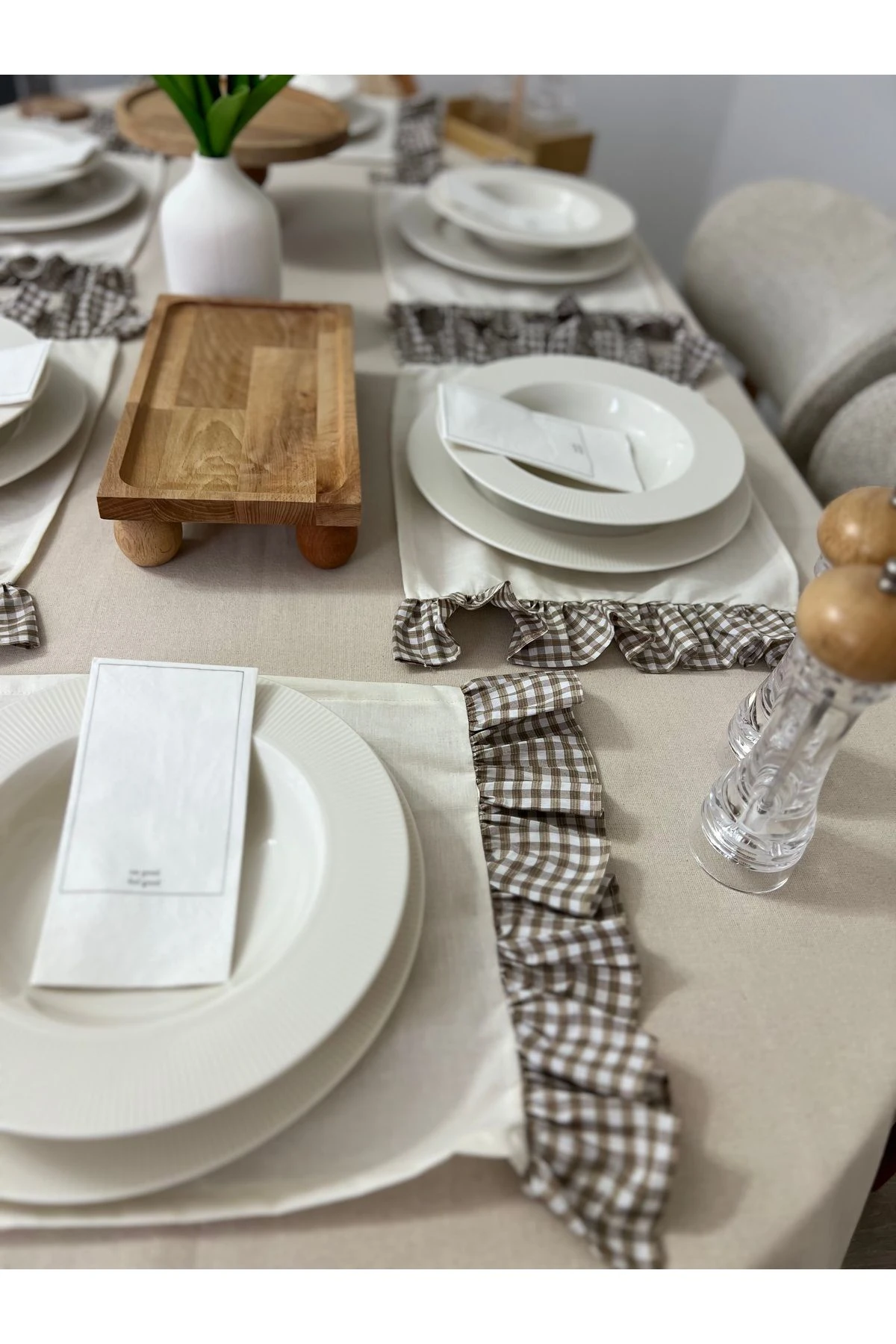 6'lı Fırfırlı Pamuk Keten Amerikan Servis - Keten Supla - 2 Kenar Fırfırlı