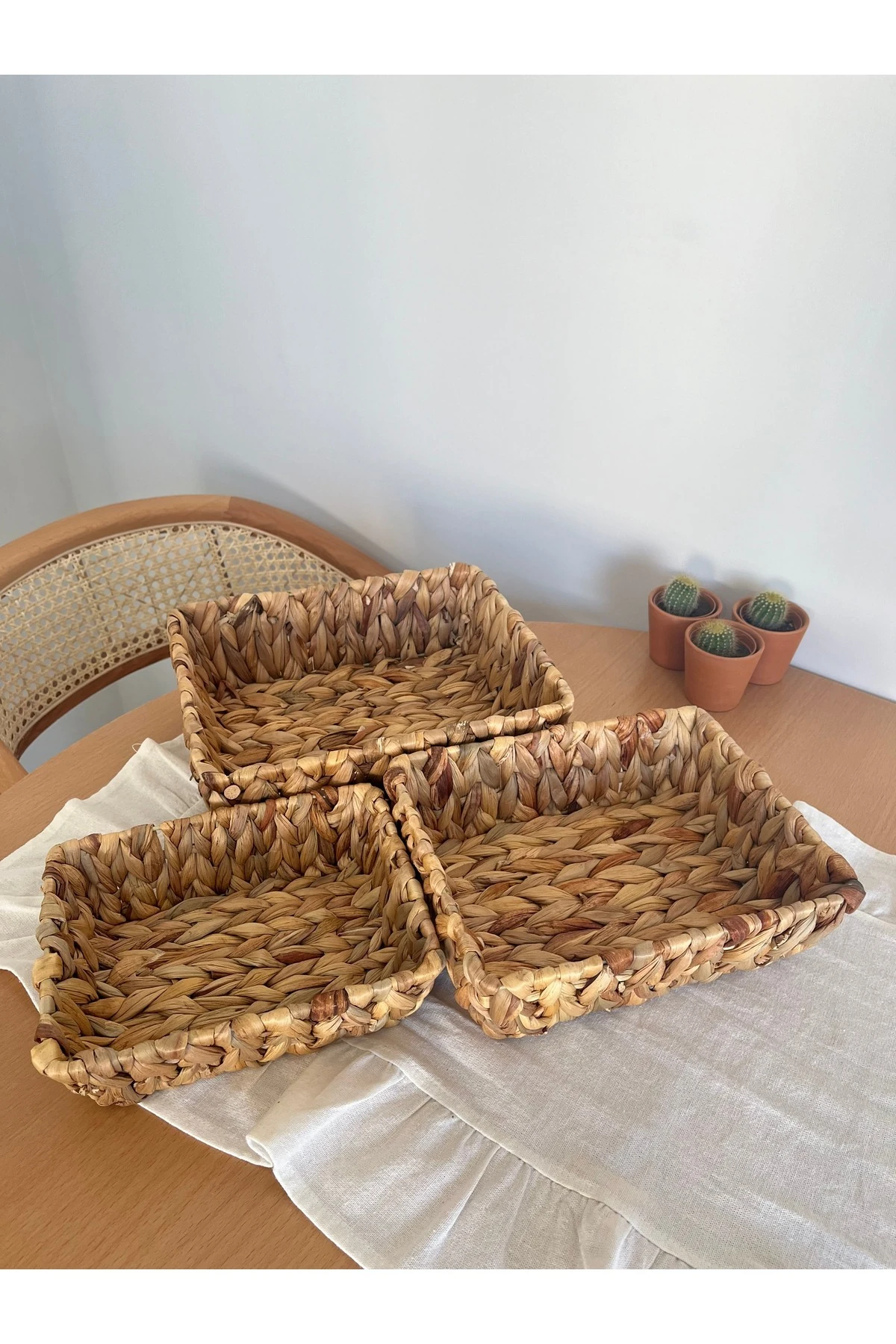 El Örgüsü Doğal Hasır Sepet Seti - 3'lü Dikdörtgen