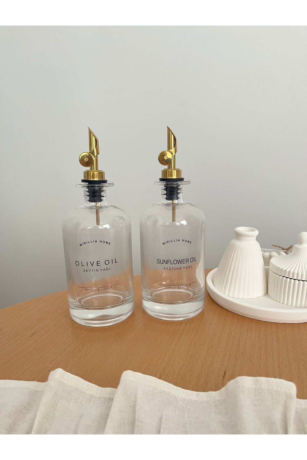 Altın Kapaklı Cam Yağdanlık Seti - 500 ml Zeytinyağı ve Ayçiçek Yağı Şişeleri