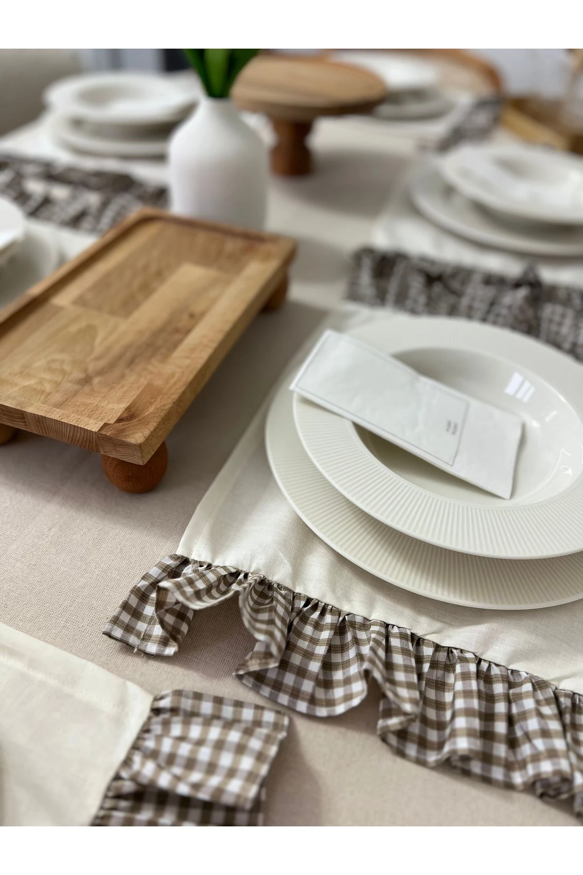 6'lı Fırfırlı Pamuk Keten Amerikan Servis - Keten Supla - 2 Kenar Fırfırlı