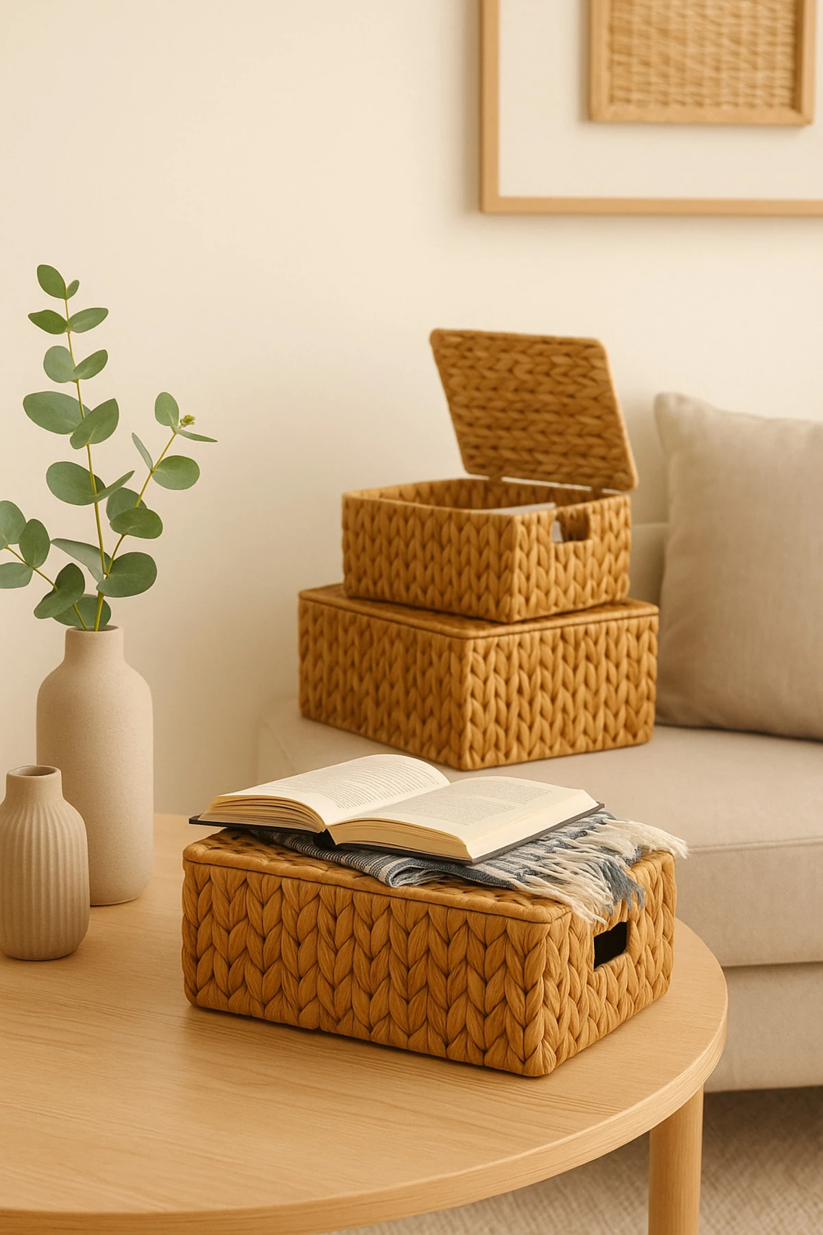 Kapaklı Doğal Hasır Sepet Seti | 3’lü Düzenleyici Kutular – El Örgüsü, Dekoratif ve Fonksiyonel