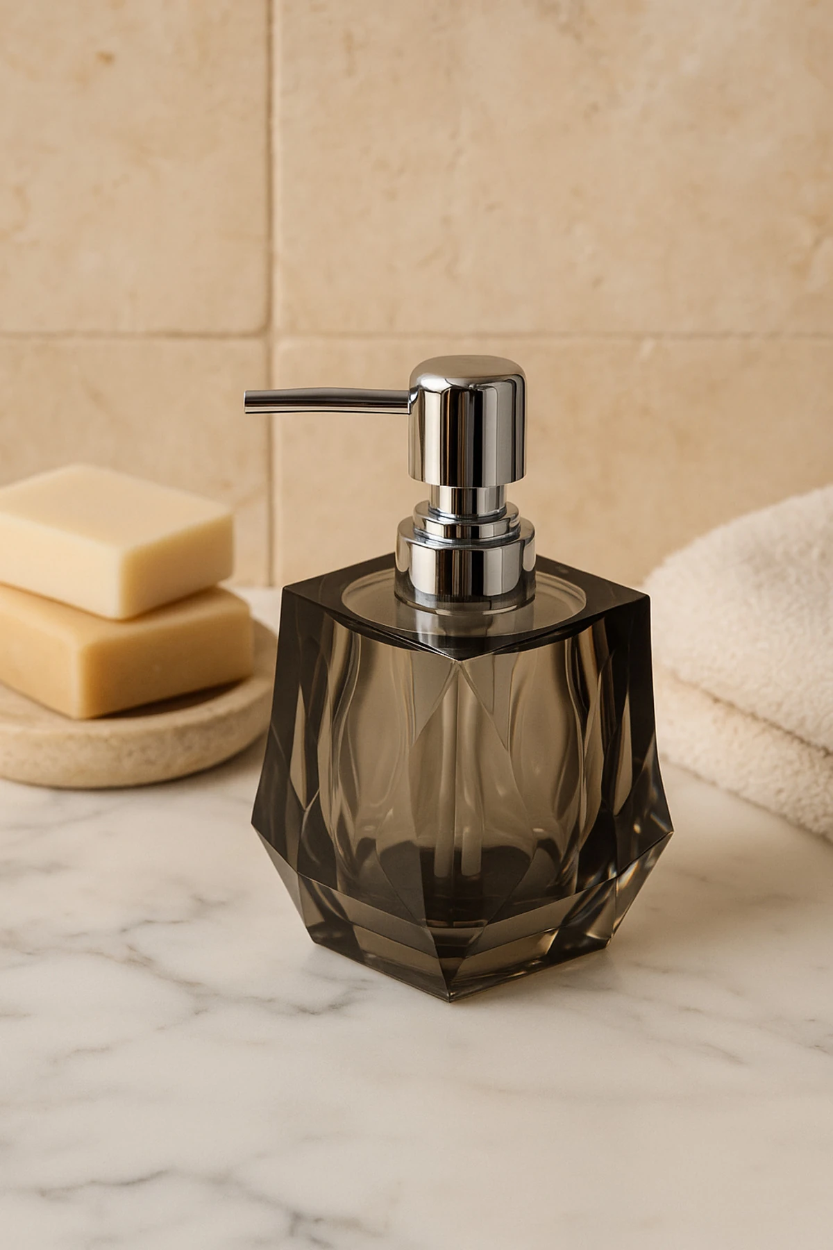 Kristal Desenli Gümüş Pompalı Cam Sıvı Sabunluk | Şık Banyo ve Mutfak Aksesuarı - siyah-1