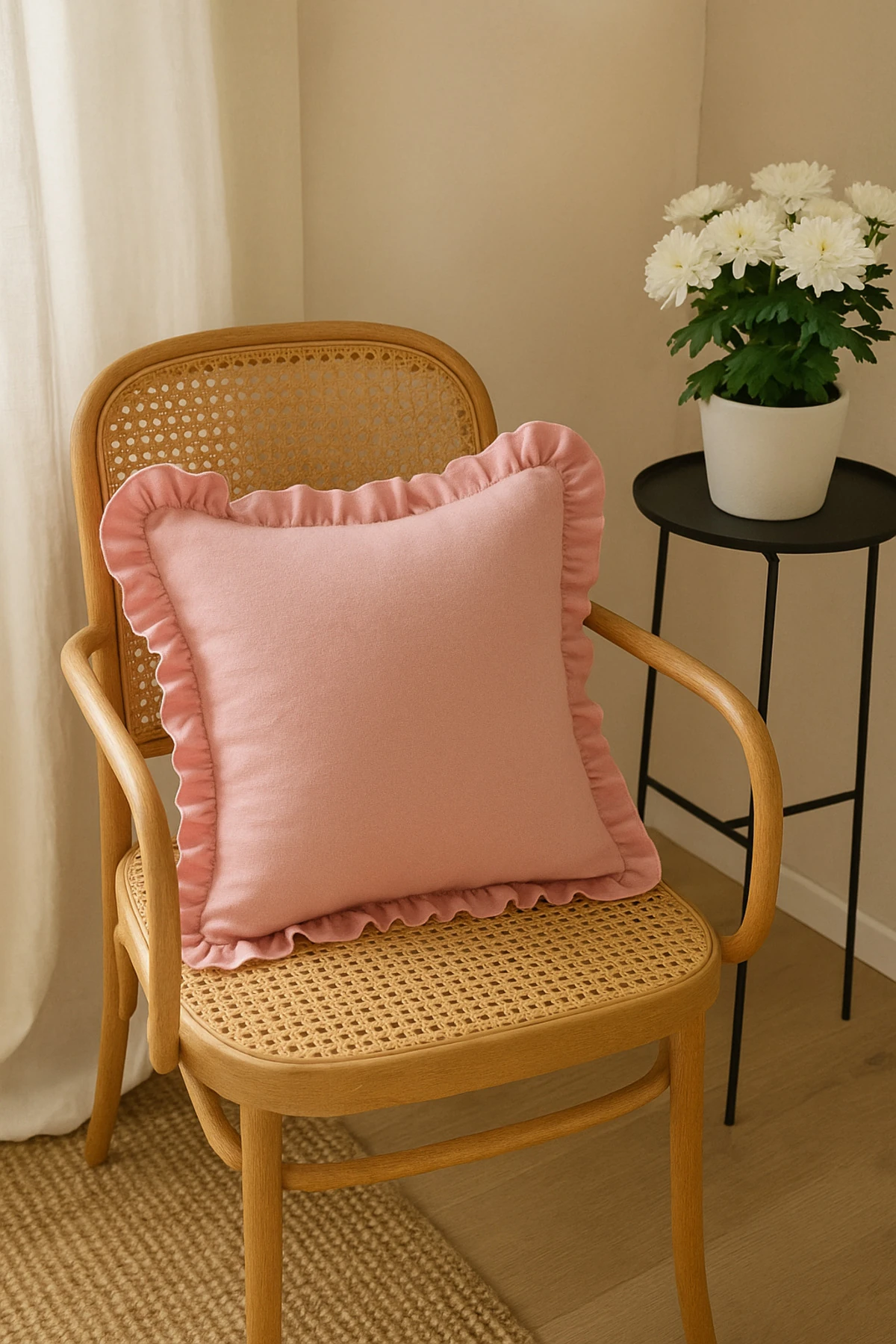 Pembe Ham Keten Fırfırlı Vintage Kırlent Kılıfı 43x43 cm - Pembe Kırlent