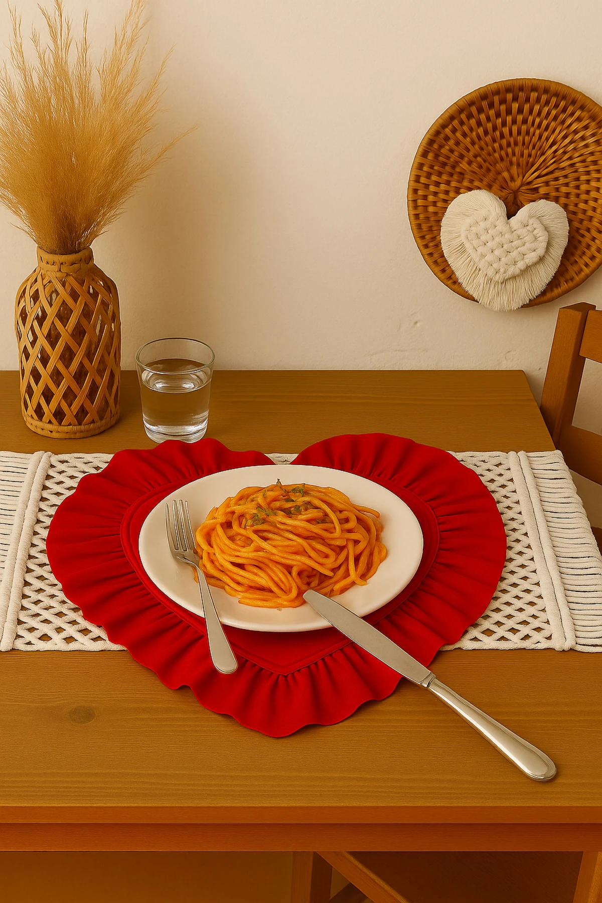 2’li Fırfırlı Kalp Amerikan Servis – Duck Keten Su Tutmaz Masa Sunum Seti - kırmızı