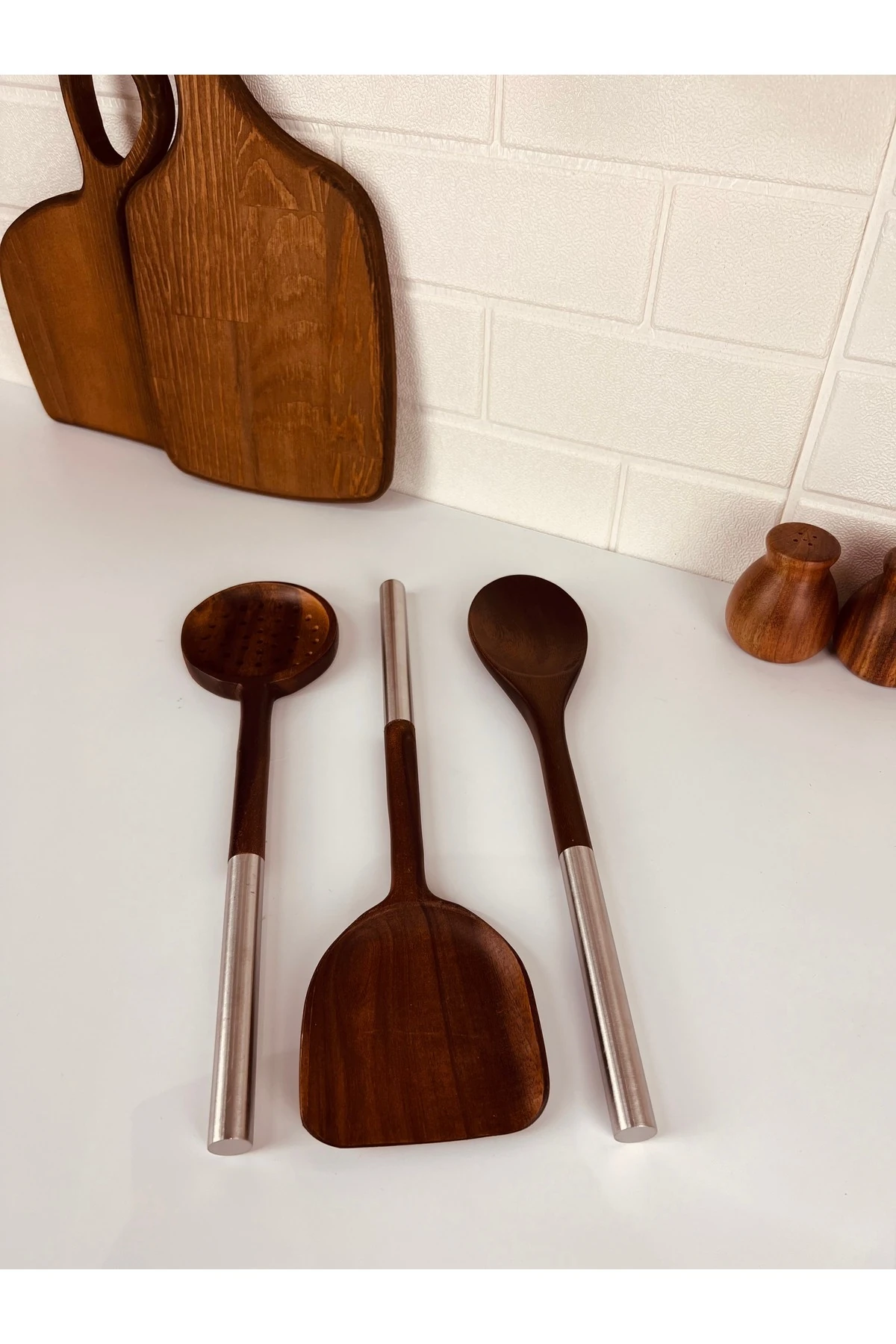 3 Parça Çelik Saplı Akasya Mutfak Gereçleri Seti - Spatula, Kaşık, Kevgir