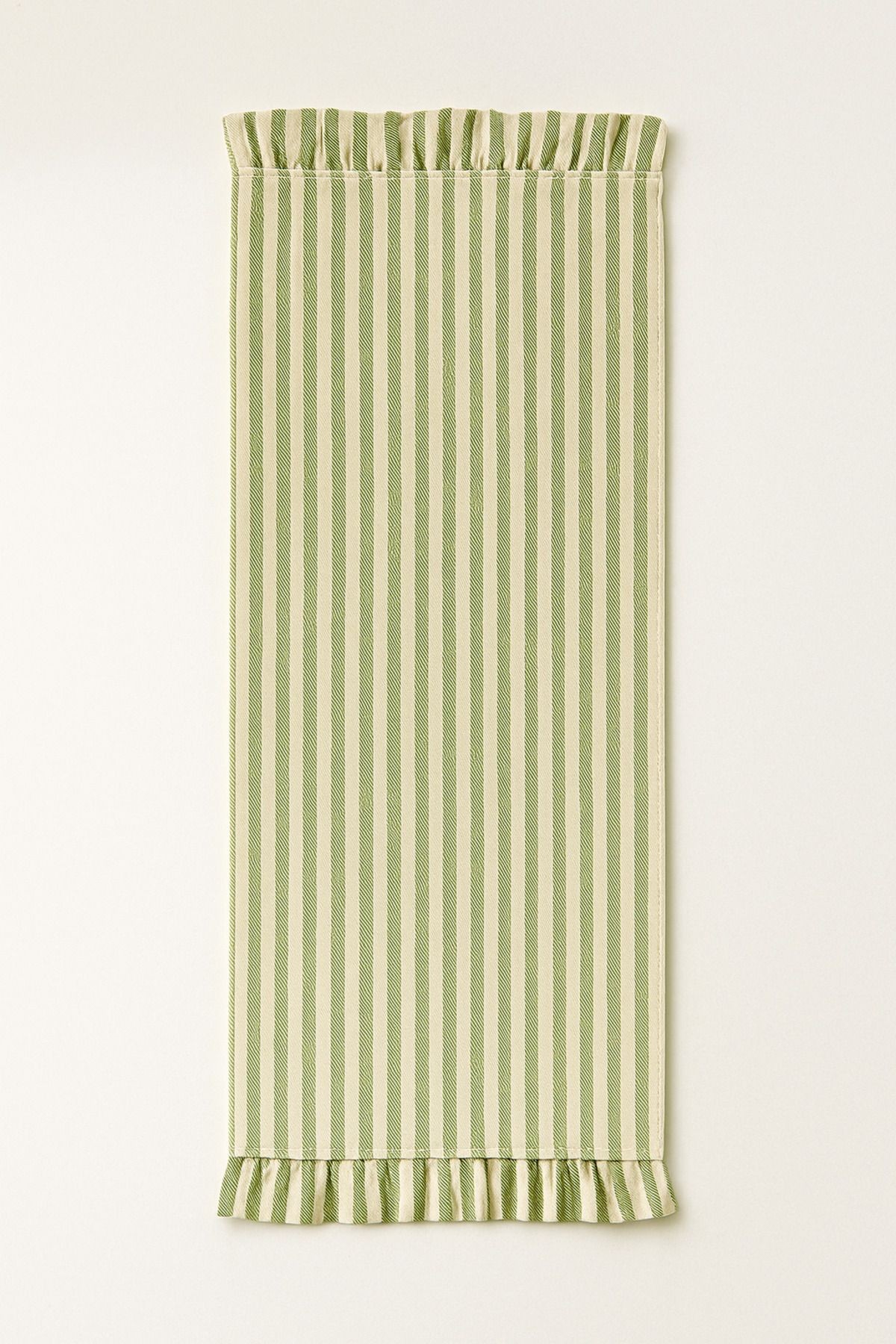 Fırfırlı Pudra Çizgili Keten Runner 40x150 cm - yeşil